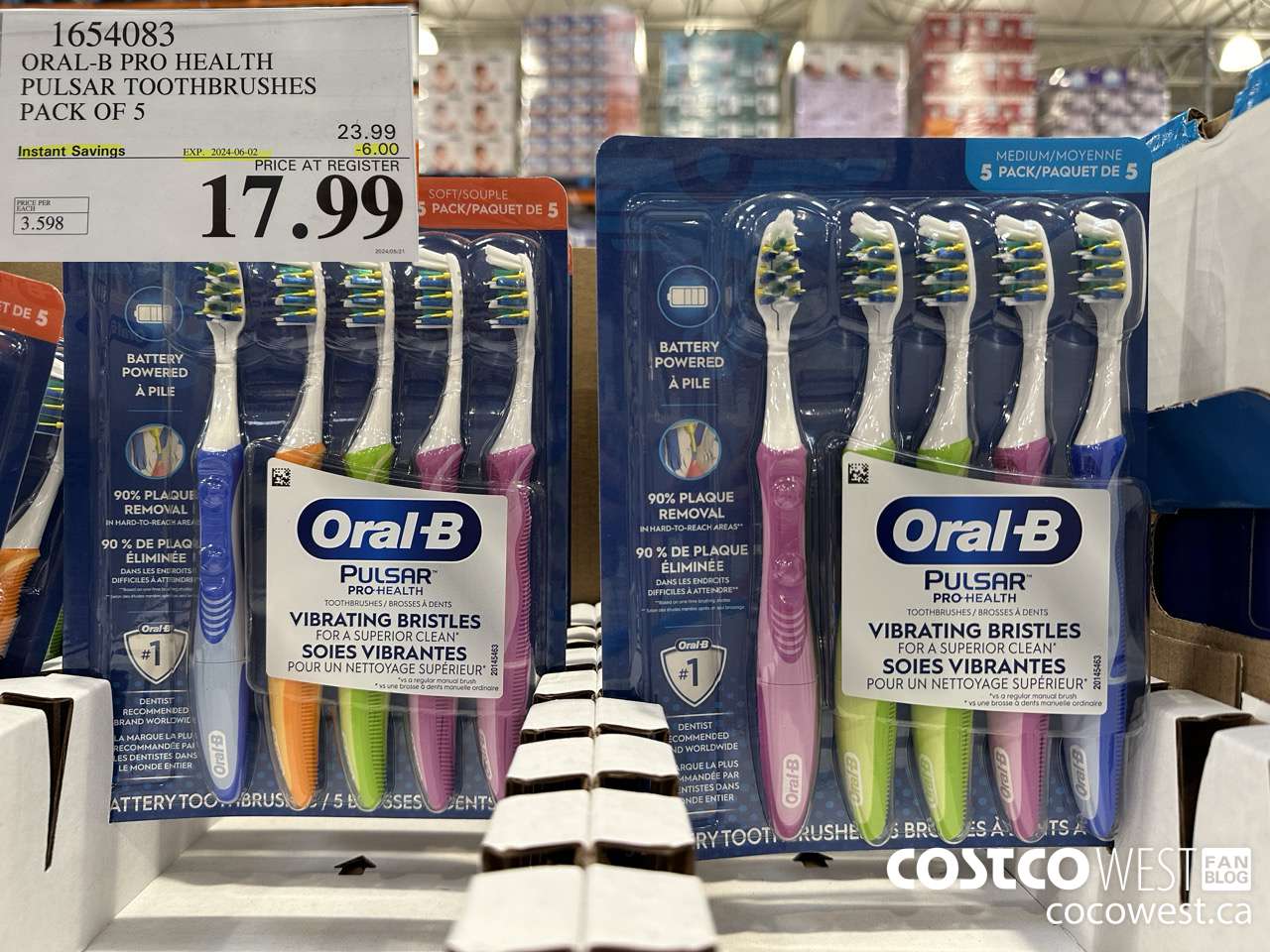 1654083 ORAL-B PRO HEALTH TOOTHBRUSHES PACK OF 5 ($6.00 INSTANT SAVINGS EXPIRES ON 2024-06-02) $17.99