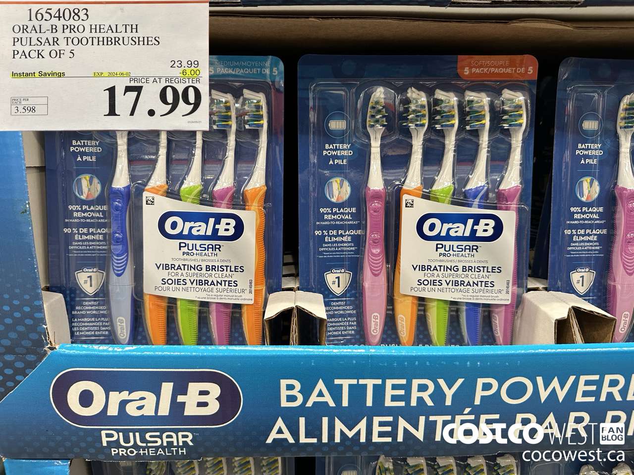 1654083 ORAL-B PRO HEALTH TOOTHBRUSHES PACK OF 5 ($6.00 INSTANT SAVINGS EXPIRES ON 2024-06-02) $17.99