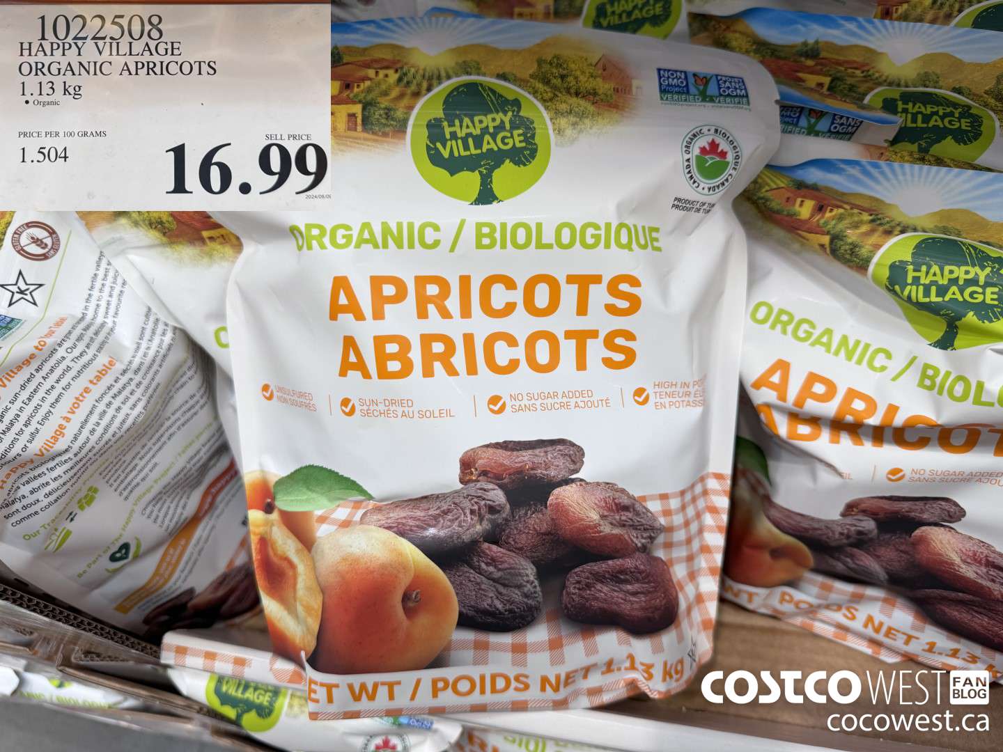 1022508 ORGANIC HAPPY VILLAGE DRIED APRICOTS 1.13KG $16.99