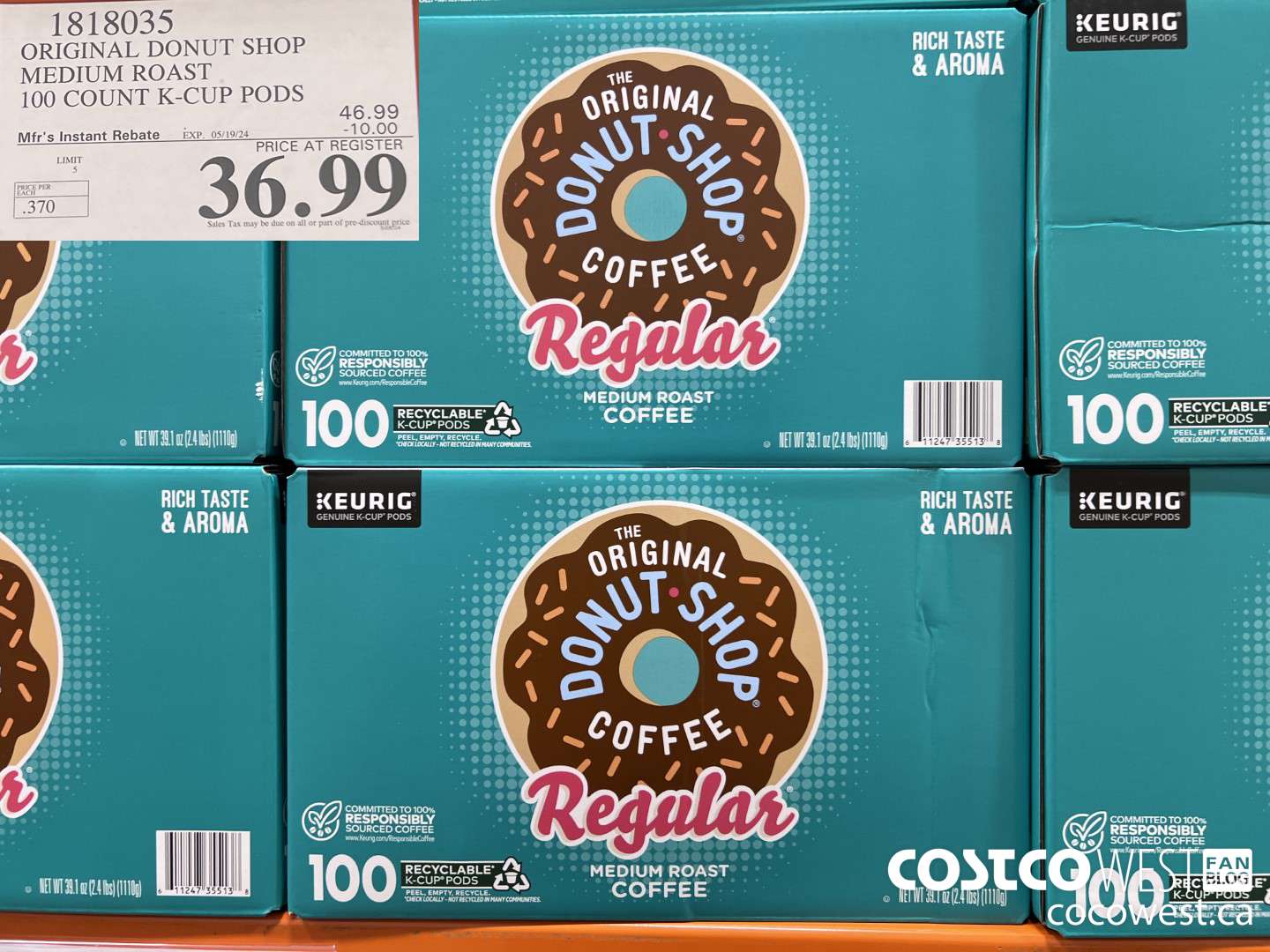 1818035 ORIGINAL DONUT SHOP MEDIUM ROAST 100 COUNT K-CUP PODS ($10.00 INSTANT SAVINGS EXPIRES ON 2024-05-19) $36.99