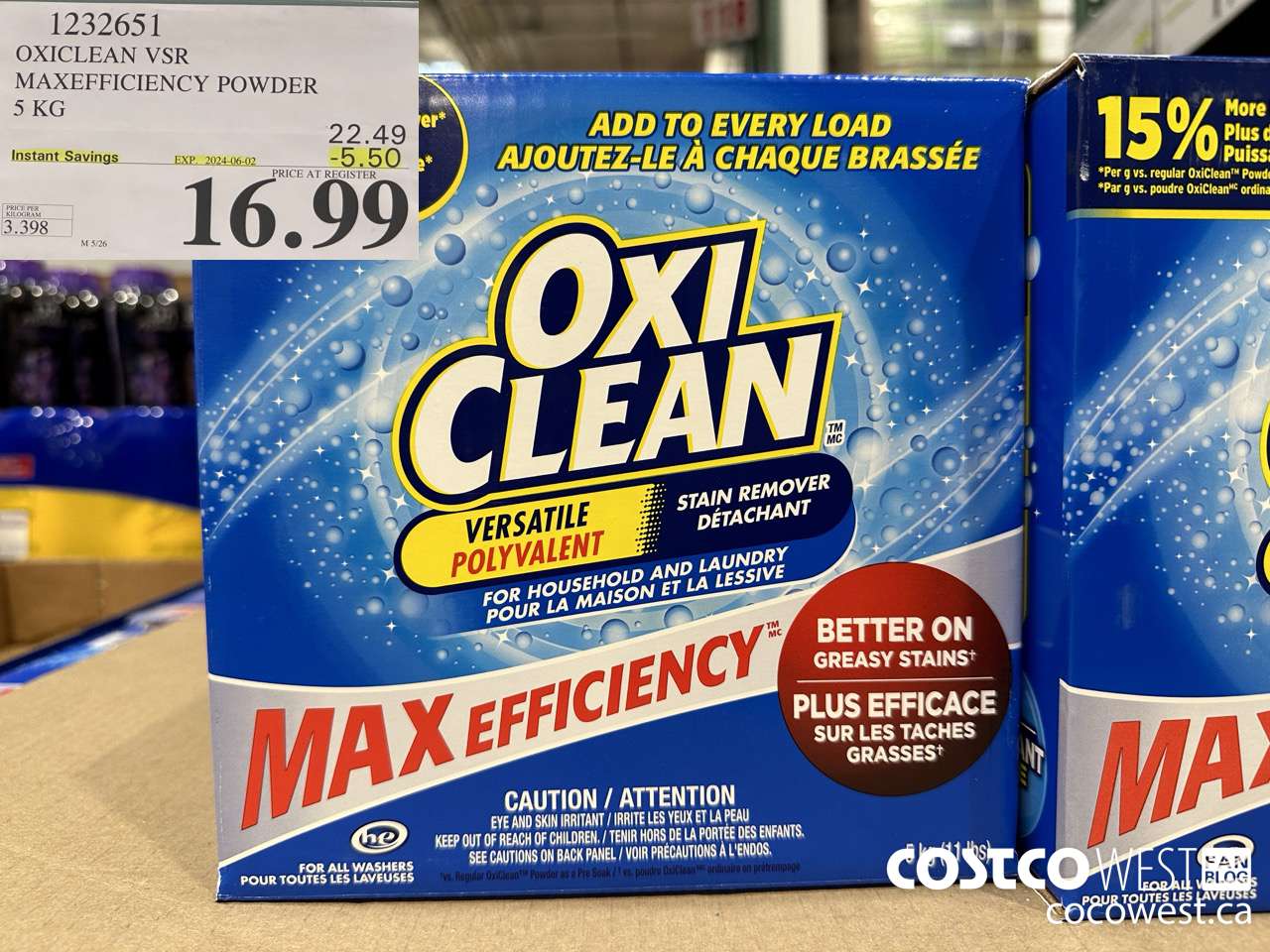 1232651 OXICLEAN VSR MAXEFFICIENCY POWDER 5 KG ($5.50 INSTANT SAVINGS EXPIRES ON 2024-06-02) $16.99