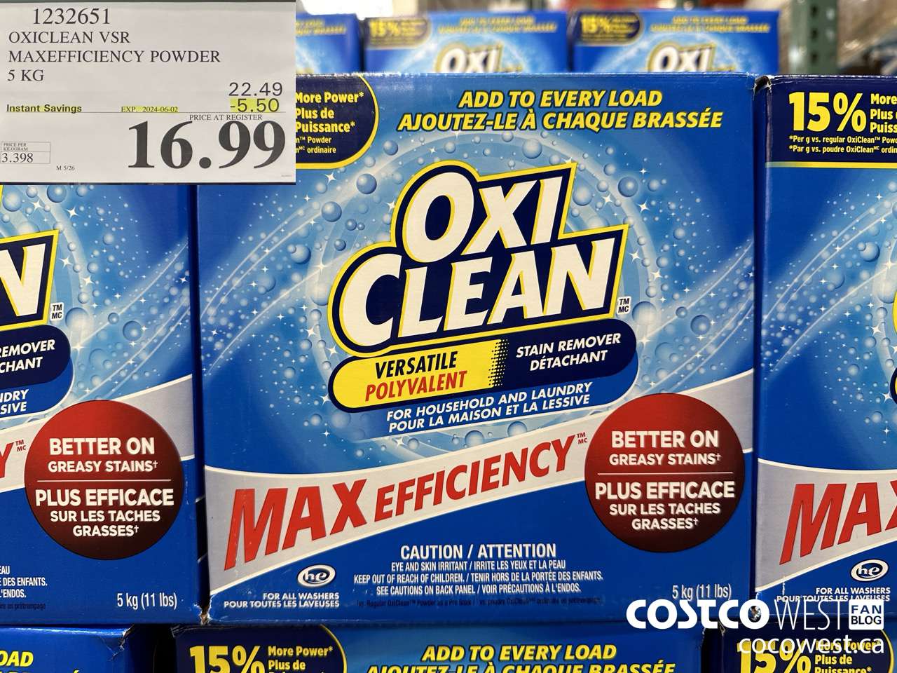 1232651 OXICLEAN VSR MAXEFFICIENCY POWDER 5 KG ($5.50 INSTANT SAVINGS EXPIRES ON 2024-06-02) $16.99