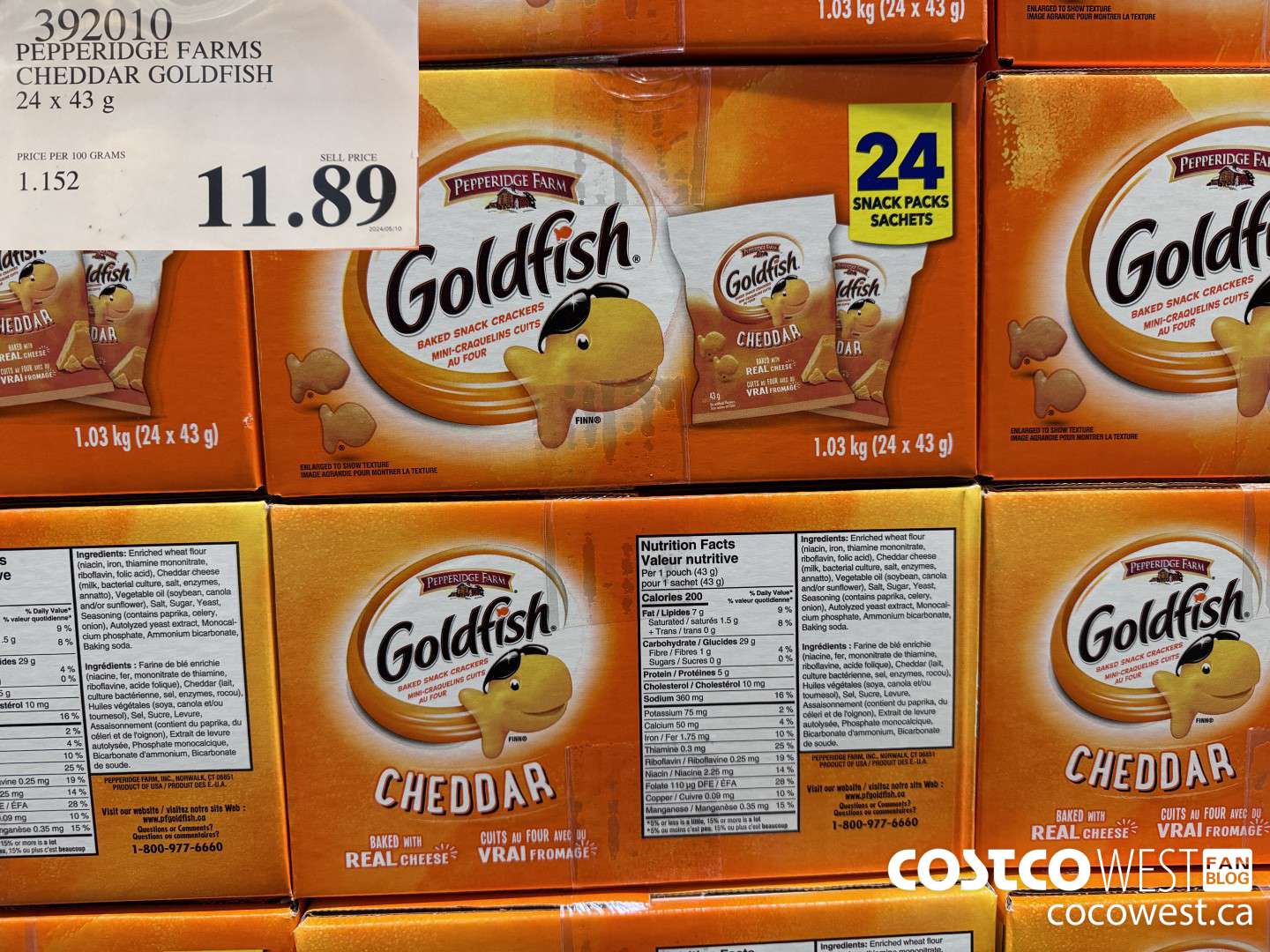 392010 PEPPERIDGE FARMS CHEDDAR GOLDFISH 24x 43 g $11.89