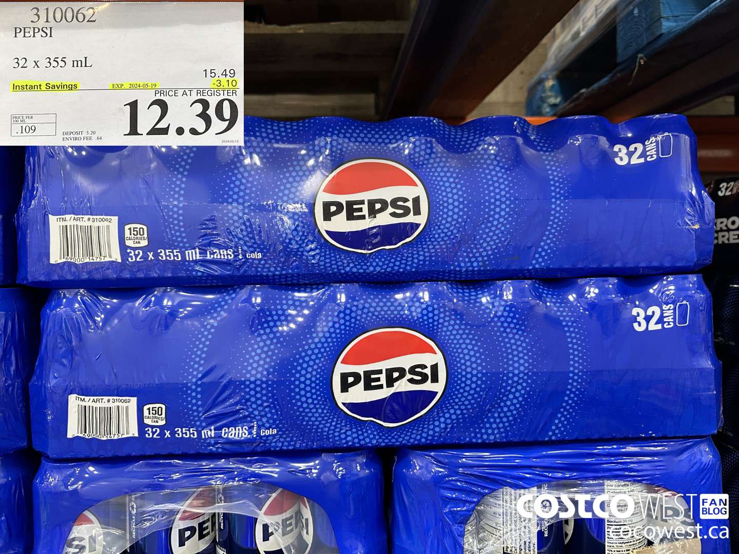 310062 PEPSI 32 X 355 ML ($3.10 INSTANT SAVINGS EXPIRES ON 2024-05-19) $12.39