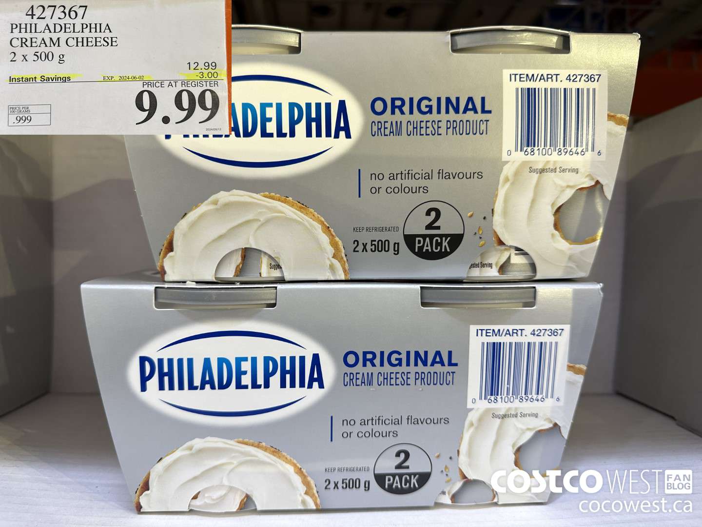 427367 PHILADELPHIA CREAM CHEESE 2 x 500 g ($3.00 INSTANT SAVINGS EXPIRES ON 2024-06-02) $9.99
