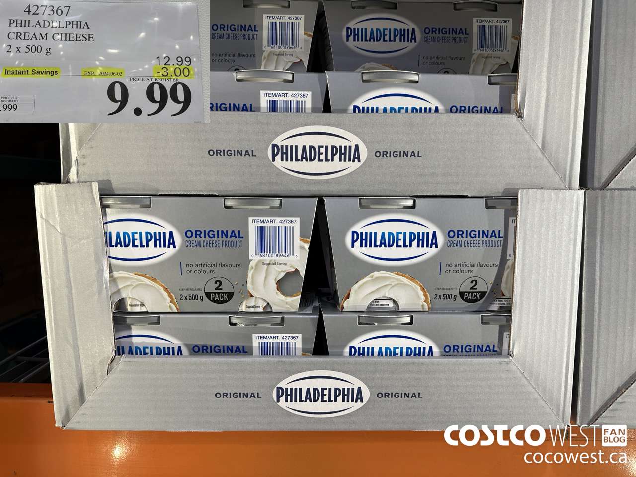 427367 PHILADELPHIA CREAM CHEESE 2 x 500 g ($3.00 INSTANT SAVINGS EXPIRES ON 2024-06-02) $9.99