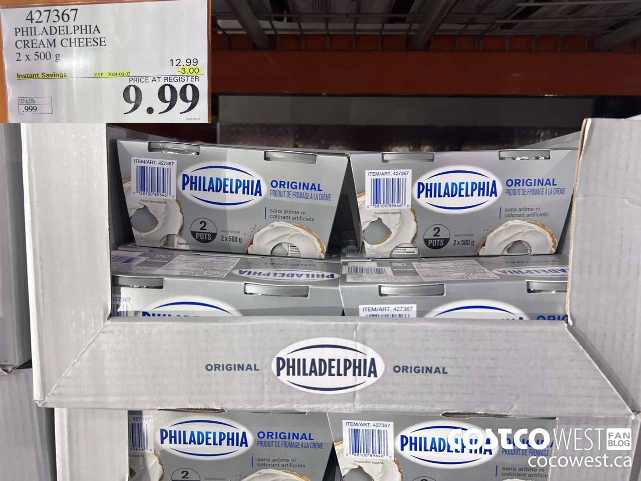 427367 PHILADELPHIA CREAM CHEESE 2 x 500 g ($3.00 INSTANT SAVINGS EXPIRES ON 2024-06-02) $9.99