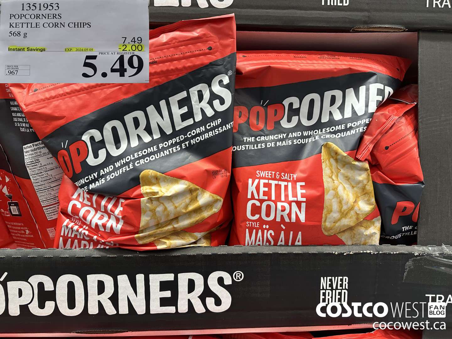 1351953 POPCORNERS KETTLE CORN CHIPS 568 g ($2.00 INSTANT SAVINGS EXPIRES ON 2024-05-05) $5.49