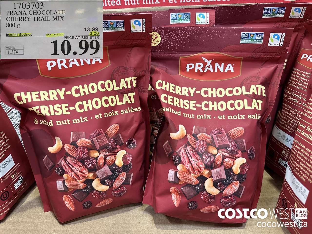 1703703 PRANA CHOCOLATE CHERRY TRAIL MIX 800 g ($3.00 INSTANT SAVINGS EXPIRES ON 2024-06-02) $10.99