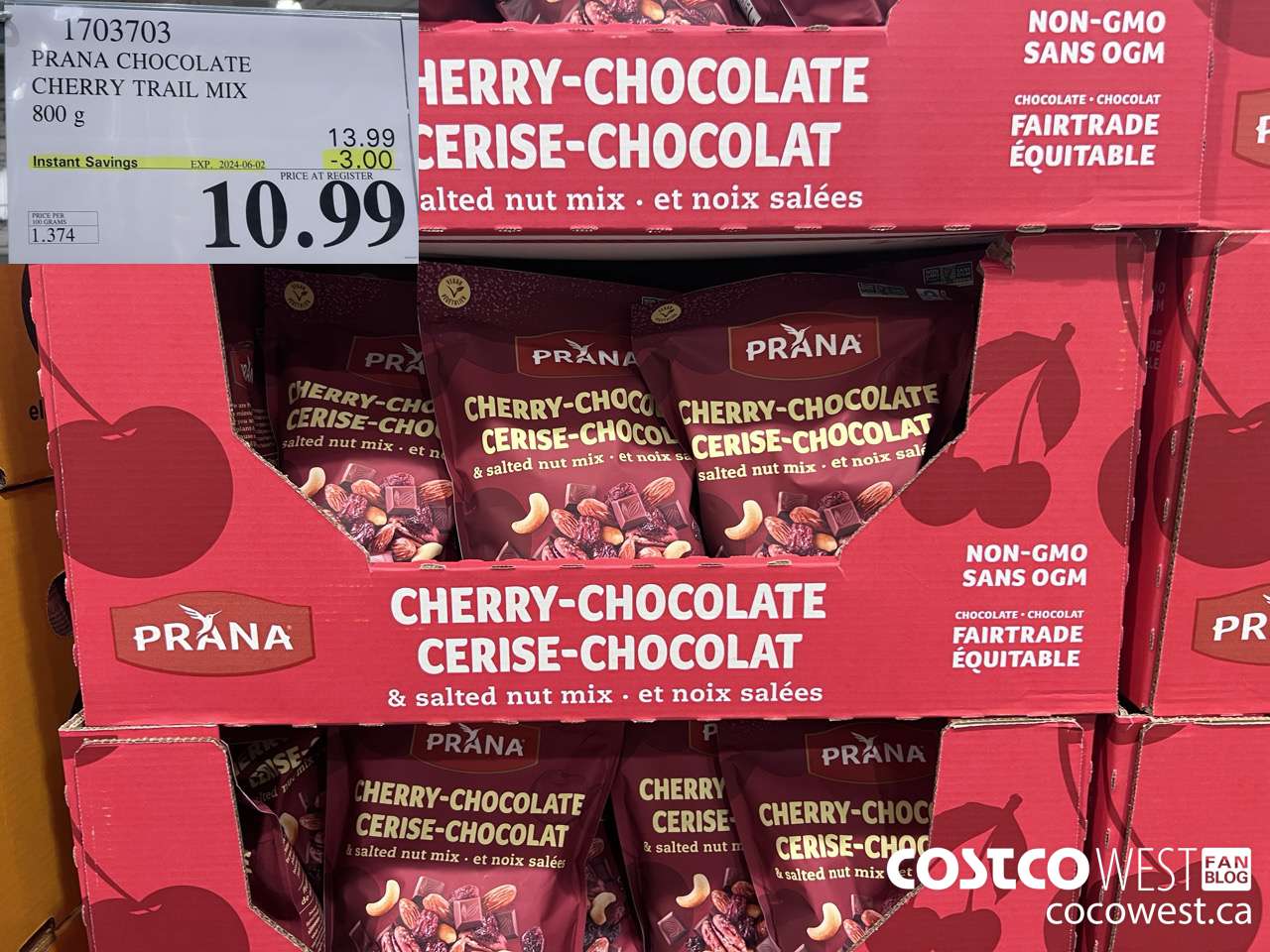 1703703 PRANA CHOCOLATE CHERRY TRAIL MIX 800 g ($3.00 INSTANT SAVINGS EXPIRES ON 2024-06-02) $10.99