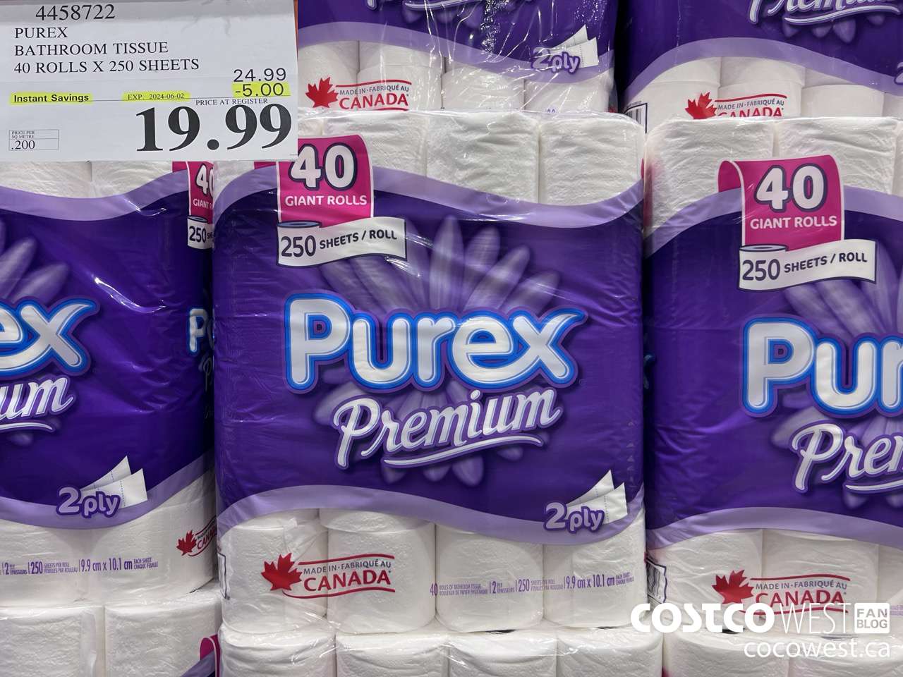 4458722 PUREX BATHROOM TISSUE 40 ROLLS X 250 SHEETS ($5.00 INSTANT SAVINGS EXPIRES ON 2024-06-02) $19.99