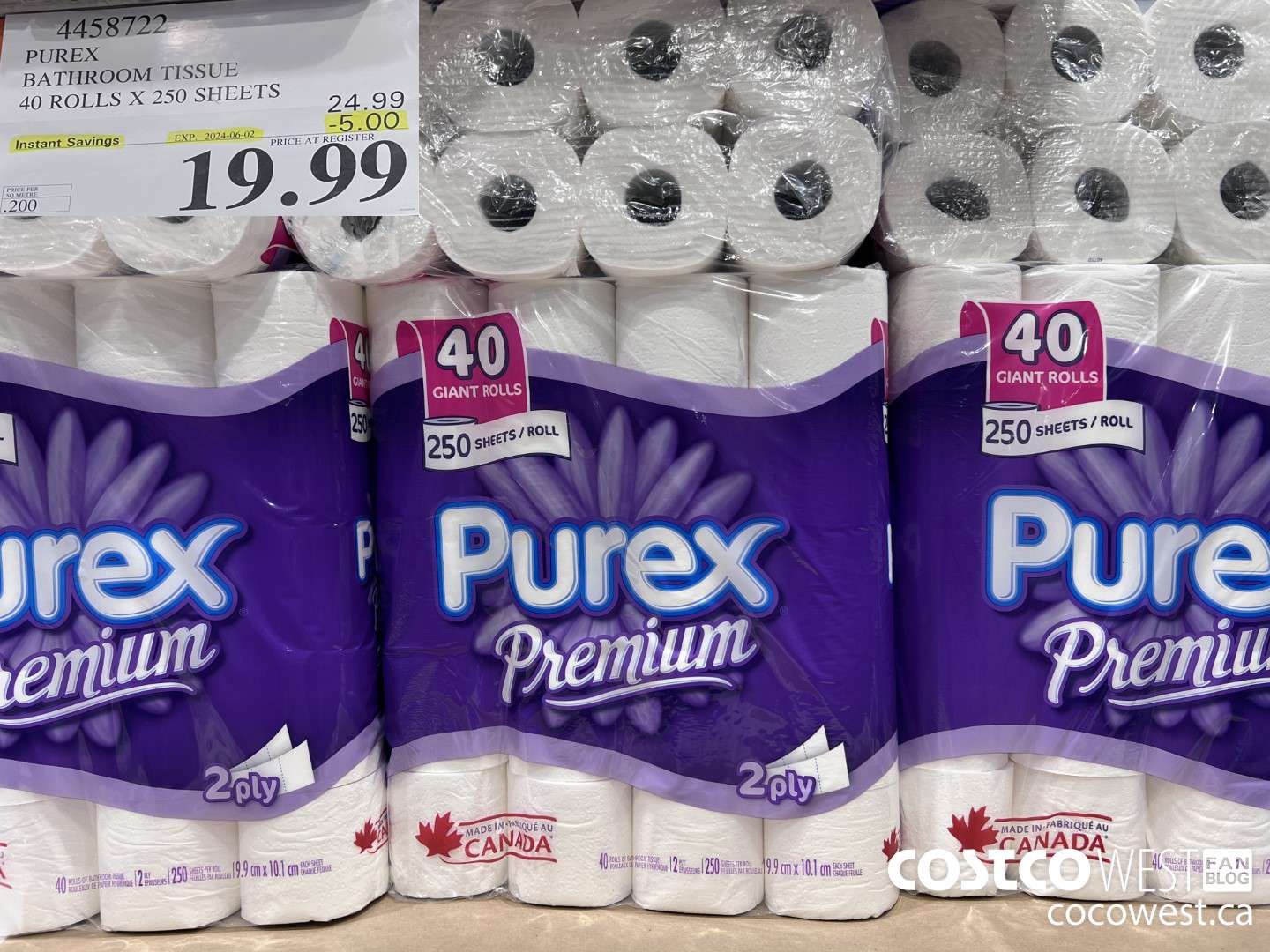 4458722 PUREX BATHROOM TISSUE 40 ROLLS X 250 SHEETS ($5.00 INSTANT SAVINGS EXPIRES ON 2024-06-02) $19.99