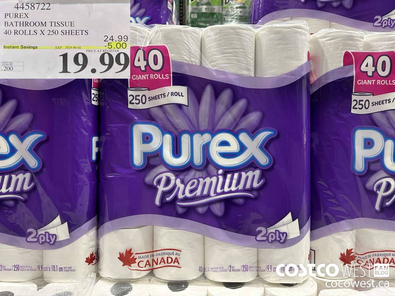 4458722 PUREX BATHROOM TISSUE 40 ROLLS X 250 SHEETS ($5.00 INSTANT SAVINGS EXPIRES ON 2024-06-02) $19.99