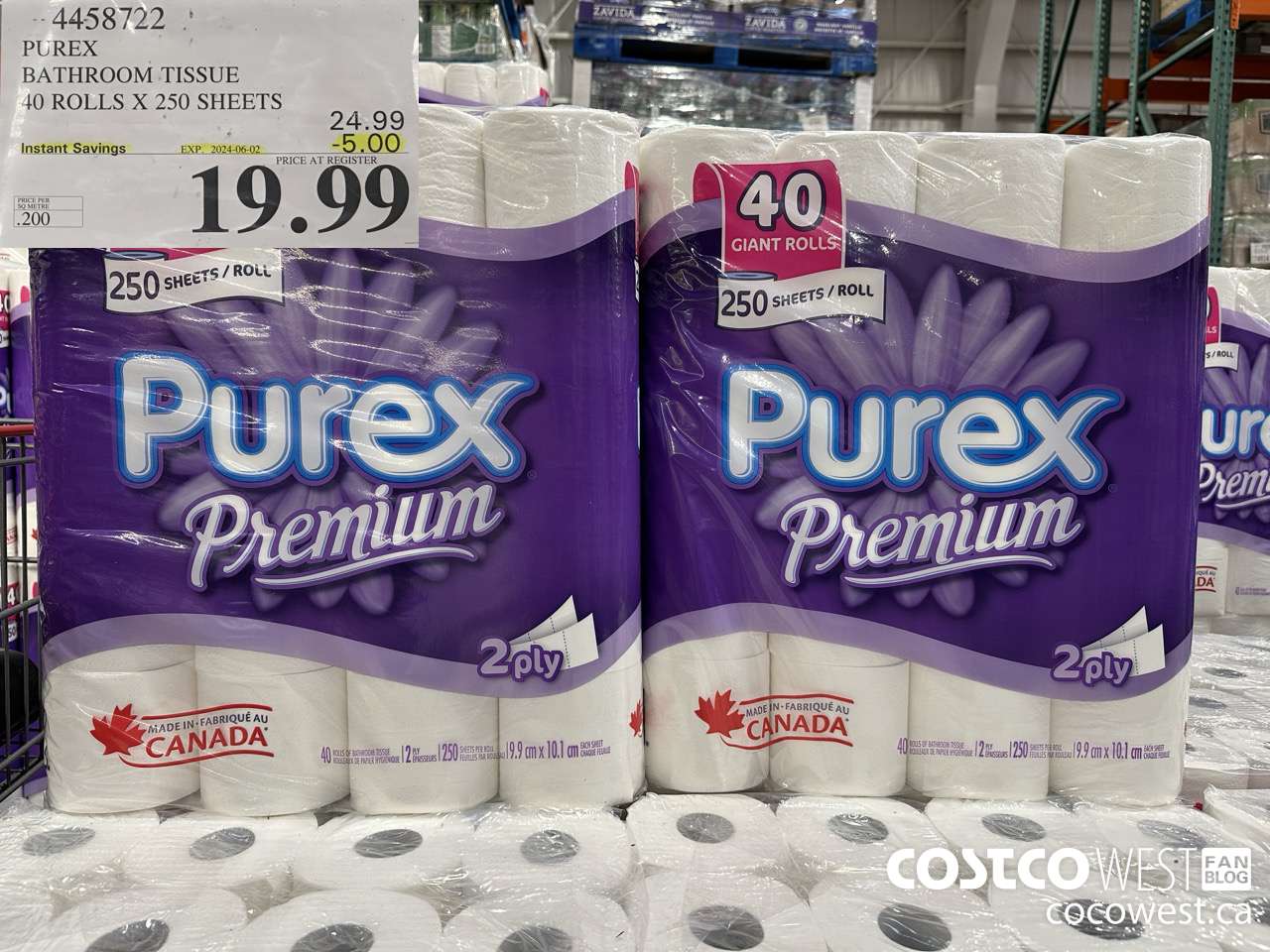 4458722 PUREX BATHROOM TISSUE 40 ROLLS X 250 SHEETS ($5.00 INSTANT SAVINGS EXPIRES ON 2024-06-02) $19.99