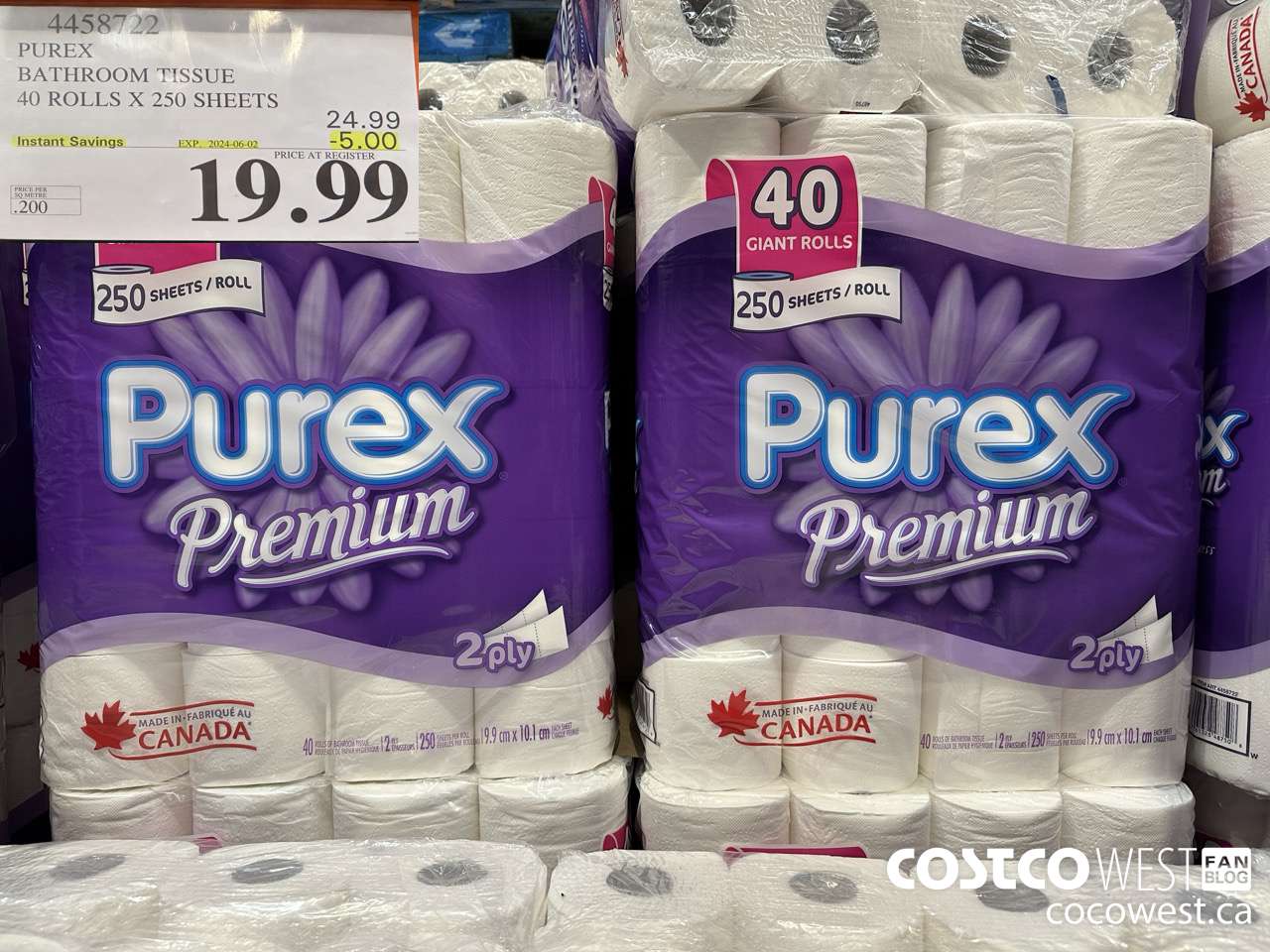 4458722 PUREX BATHROOM TISSUE 40 ROLLS X 250 SHEETS ($5.00 INSTANT SAVINGS EXPIRES ON 2024-06-02) $19.99