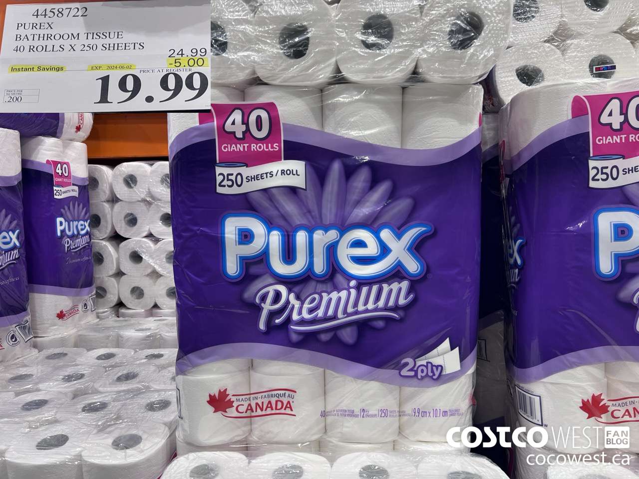 4458722 PUREX BATHROOM TISSUE 40 ROLLS X 250 SHEETS ($5.00 INSTANT SAVINGS EXPIRES ON 2024-06-02) $19.99