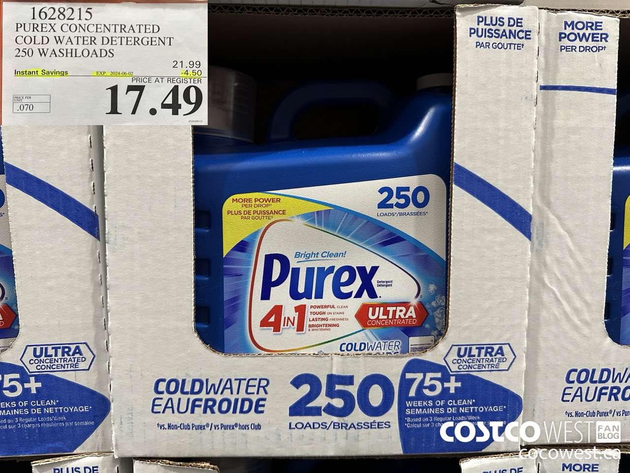 1628215 PUREX CONCENTRATED COLD WATER DETERGENT 250 WASHLOADS ($4.50 INSTANT SAVINGS EXPIRES ON 2024-06-02) $17.49