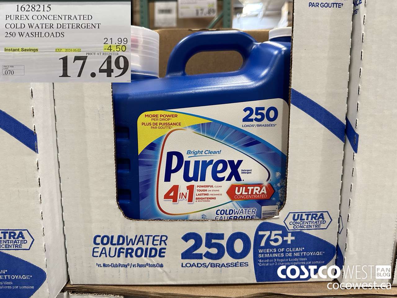 1628215 PUREX CONCENTRATED COLD WATER DETERGENT 250 WASHLOADS ($4.50 INSTANT SAVINGS EXPIRES ON 2024-06-02) $17.49