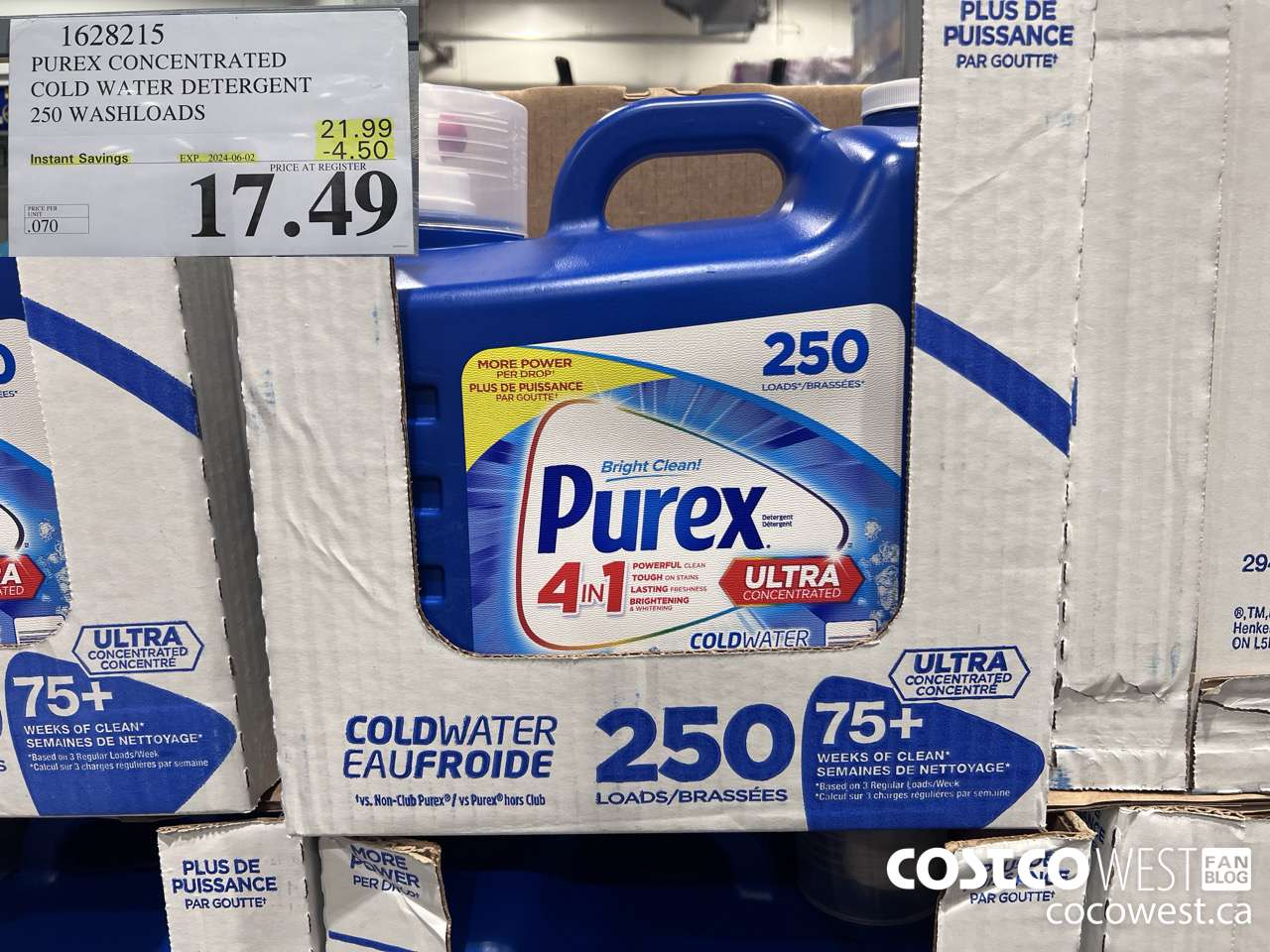1628215 PUREX CONCENTRATED COLD WATER DETERGENT 250 WASHLOADS ($4.50 INSTANT SAVINGS EXPIRES ON 2024-06-02) $17.49