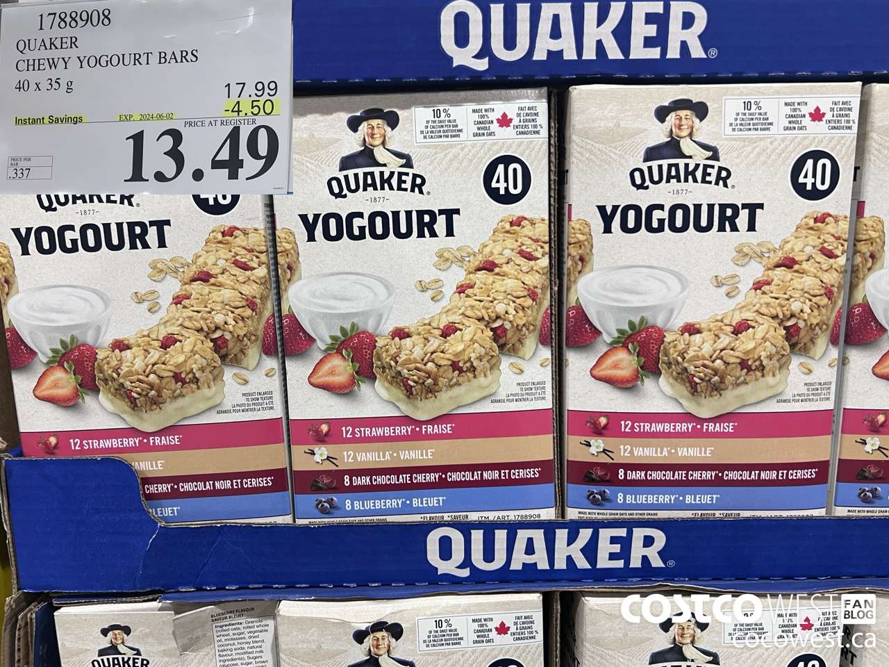1788908 QUAKER CHEWY YOGOURT BARS 40 X 35 G ($4.50 INSTANT SAVINGS EXPIRES ON 2024-06-02) $13.29