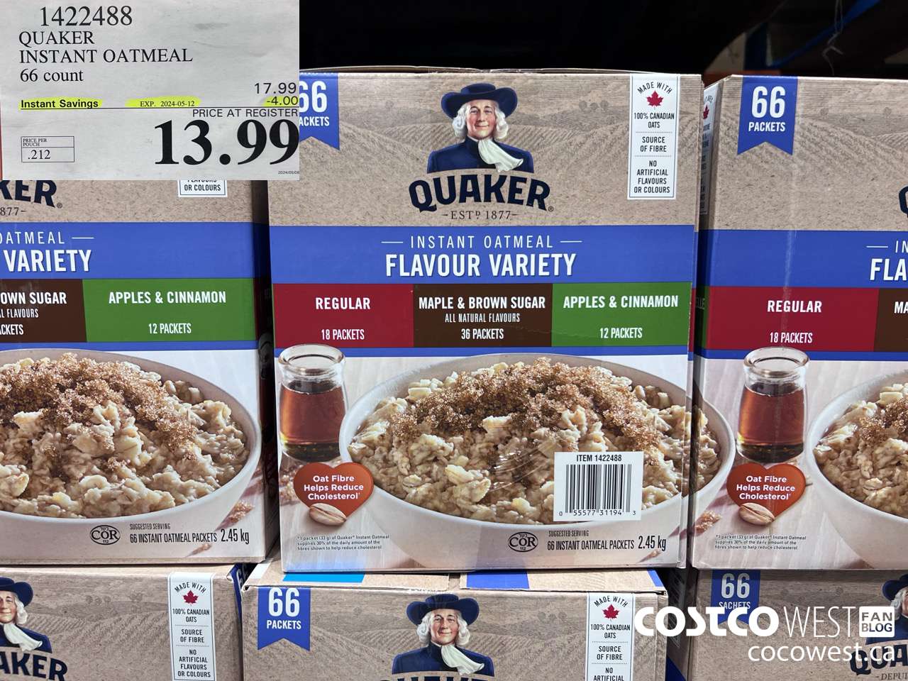 1422488 QUAKER INSTANT OATMEAL 66 COUNT ($4.00 INSTANT SAVINGS EXPIRES ON 2024-05-12) $13.99