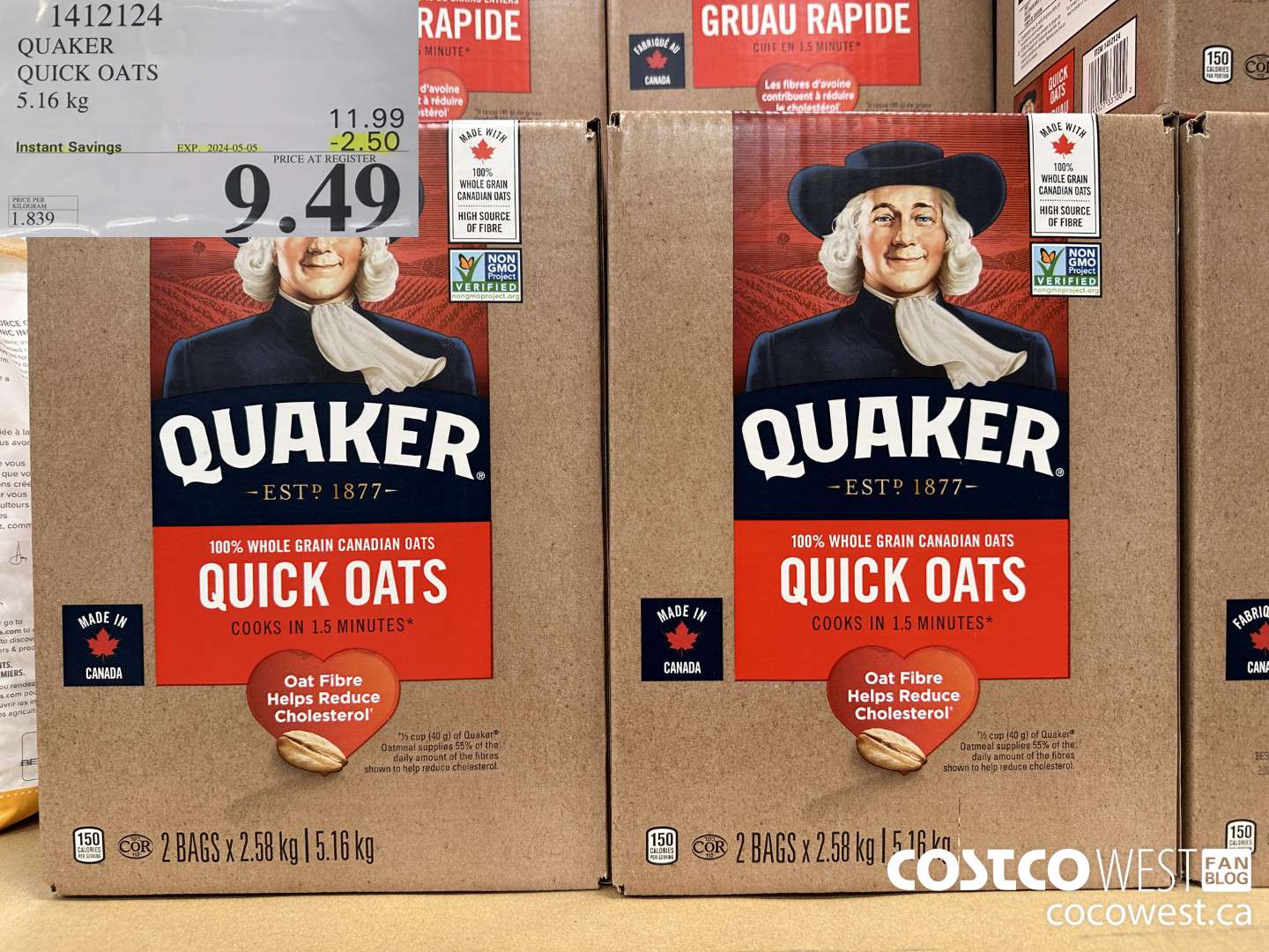 1412124 QUAKER QUICK OATS 5.16 kg ($2.50 INSTANT SAVINGS EXPIRES ON 2024-05-05) $9.49