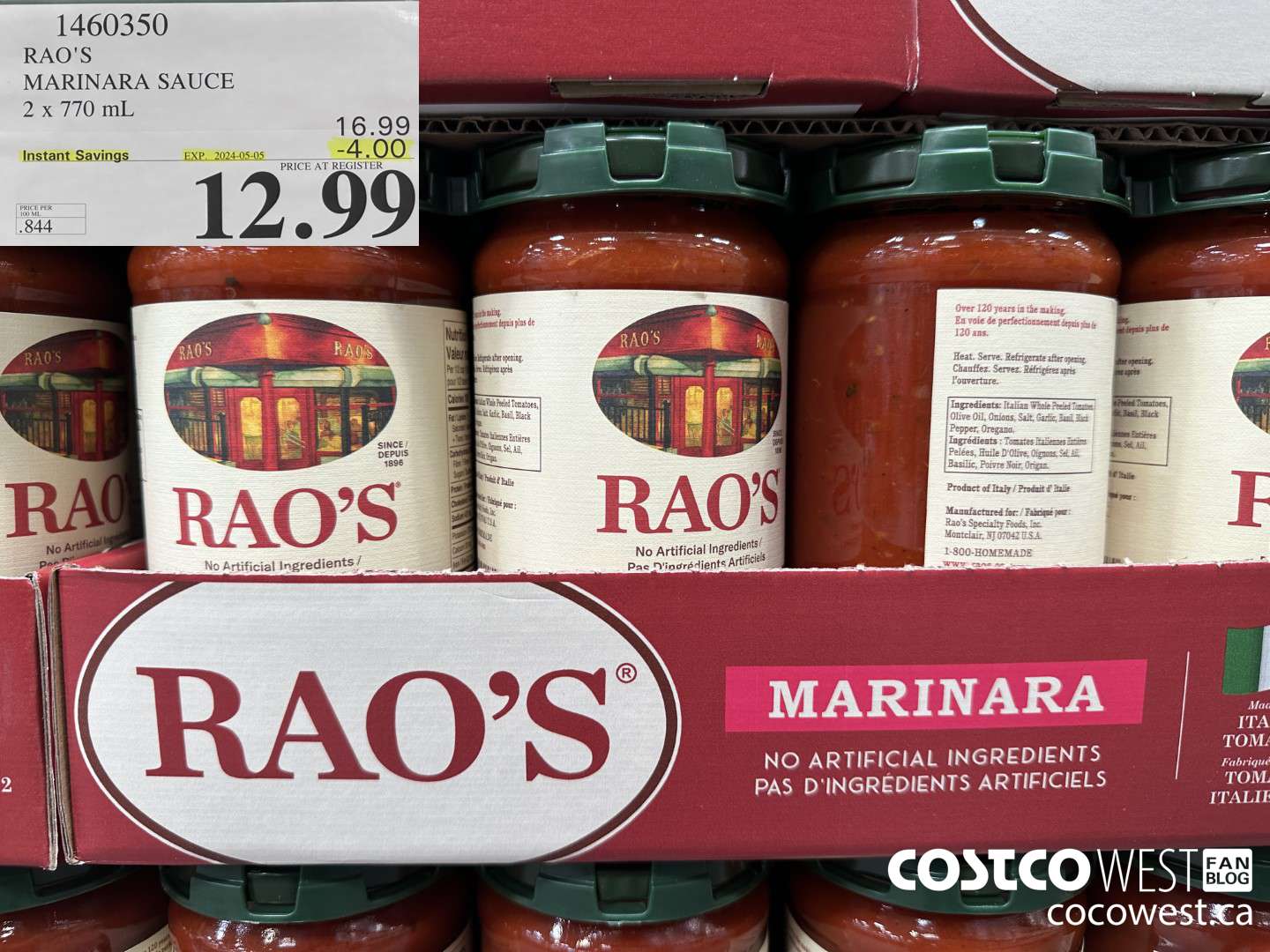 1460350 RAO'S MARINARA SAUCE 2 x 770mL ($4.00 INSTANT SAVINGS EXPIRES ON 2024-05-05) $12.99