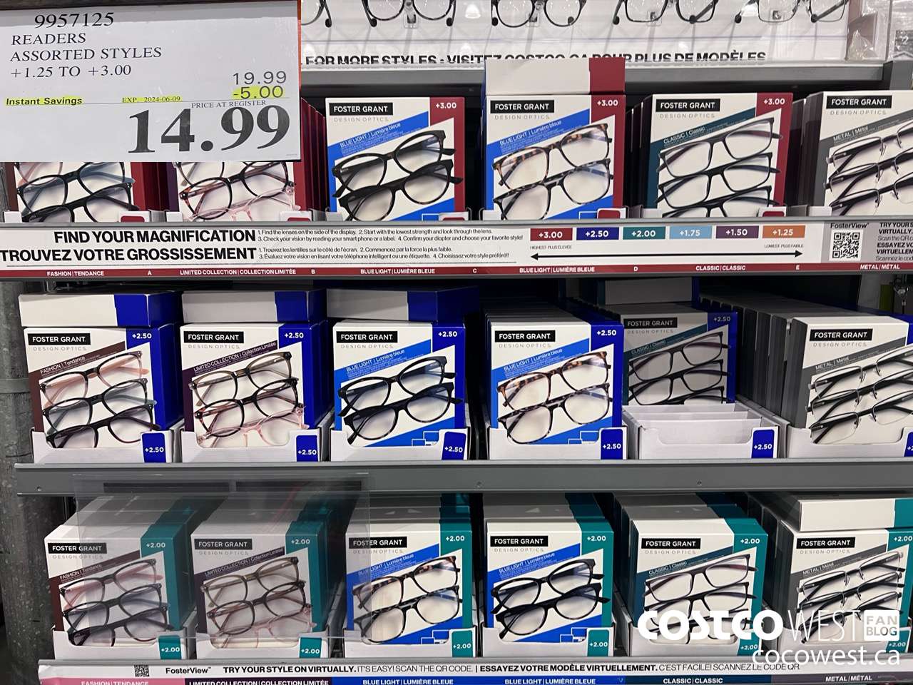 9957125 READERS ASSORTED STYLES +1.25 TO +3.00 ($5.00 INSTANT SAVINGS EXPIRES ON 2024-06-09) $14.99