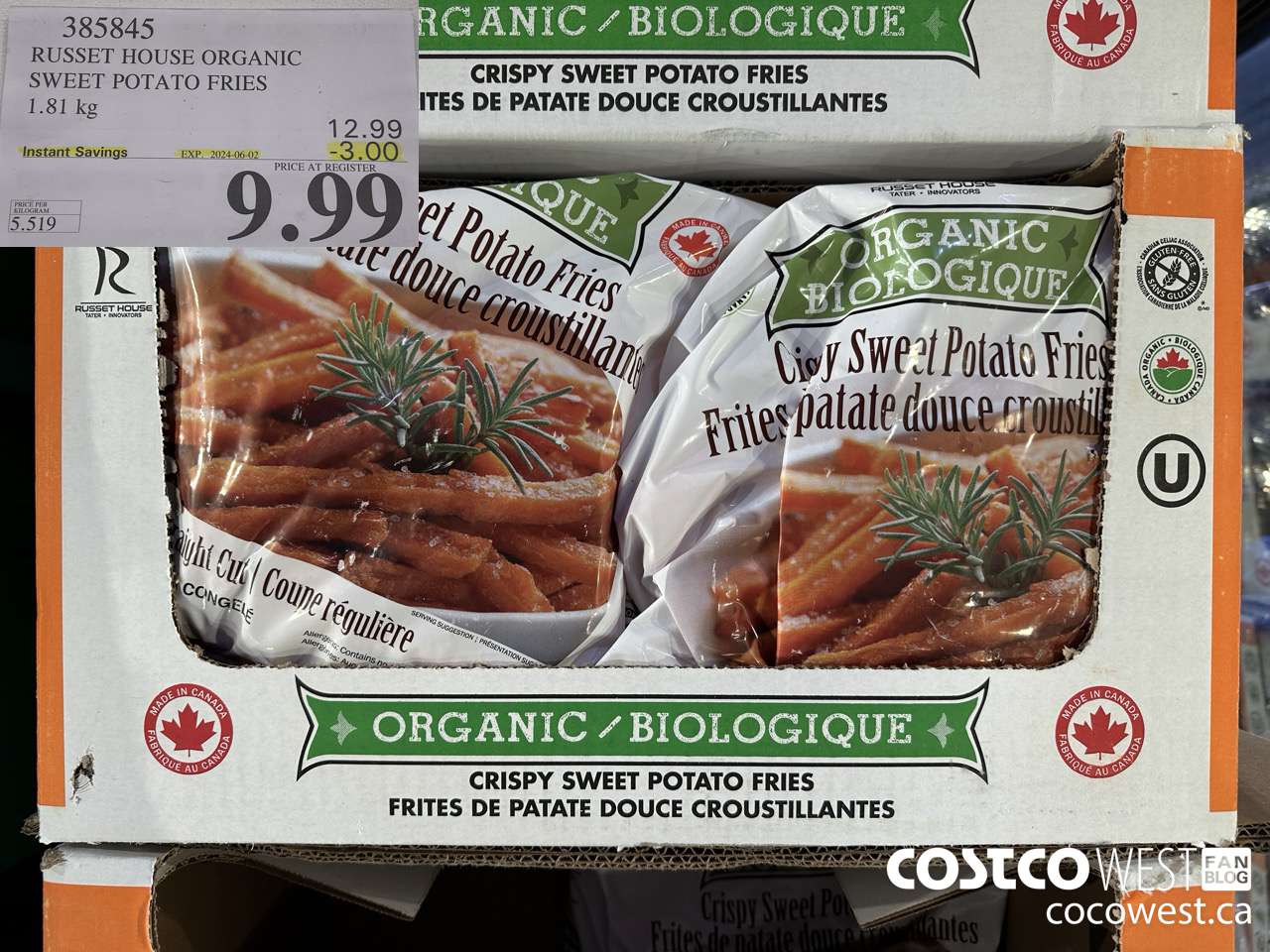 385845 RUSSET HOUSE ORGANIC SWEET POTATO FRIES 1.81 kg ($3.00 INSTANT SAVINGS EXPIRES ON 2024-06-02) $9.99
