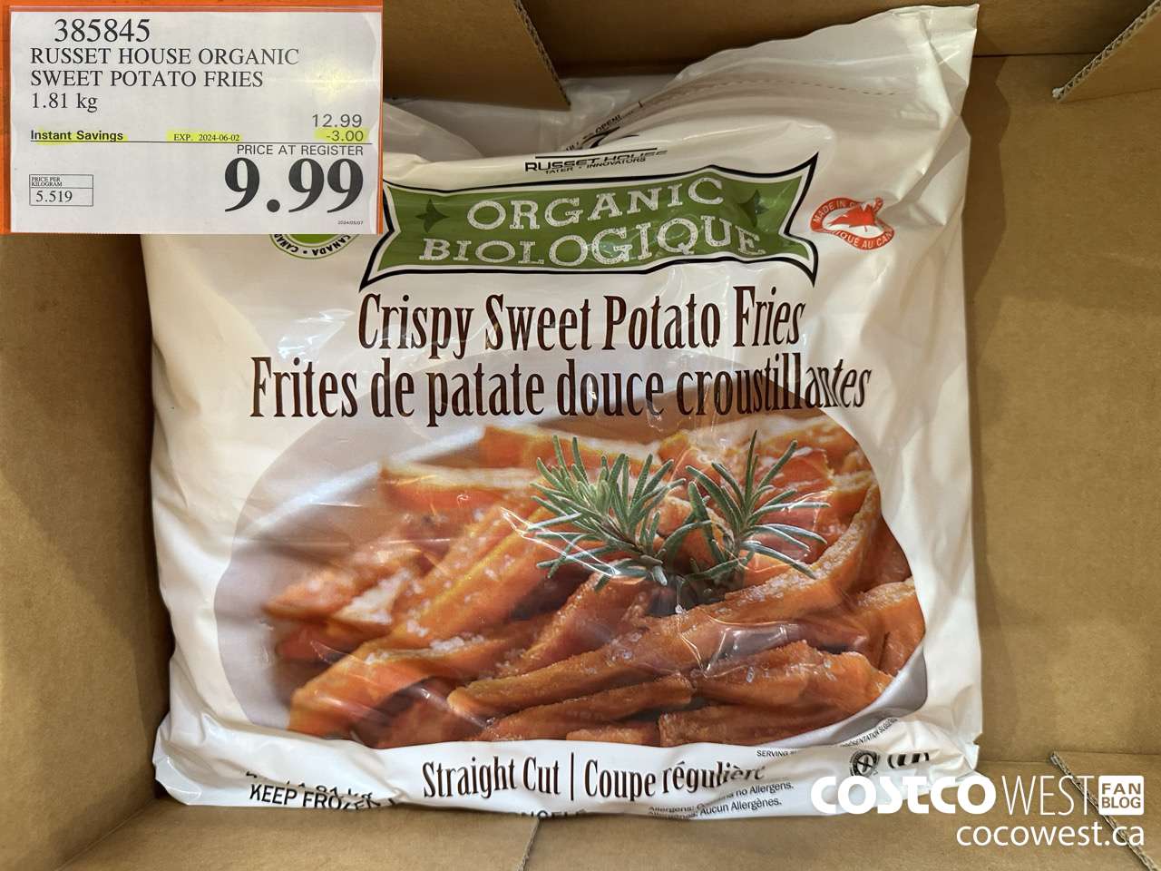 385845 RUSSET HOUSE ORGANIC SWEET POTATO FRIES 1.81 kg ($3.00 INSTANT SAVINGS EXPIRES ON 2024-06-02) $9.99