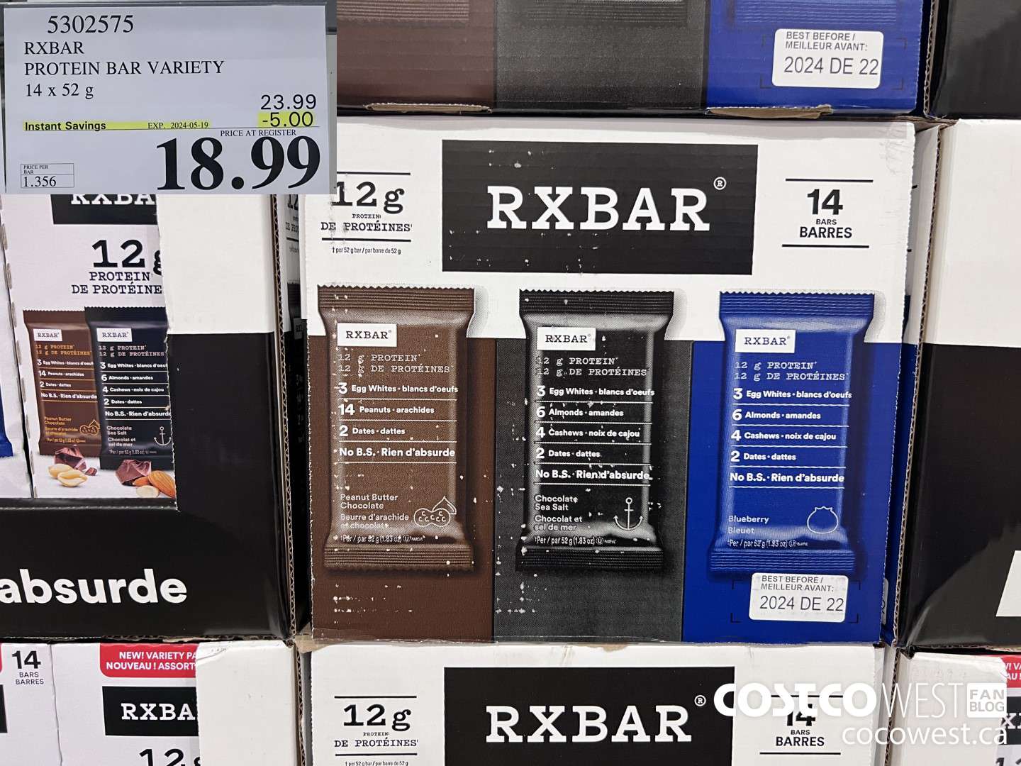 5302575 RXBAR PROTEIN BAR VARIETY 14 X 52G ($5.00 INSTANT SAVINGS EXPIRES ON 2024-05-19) $18.99
