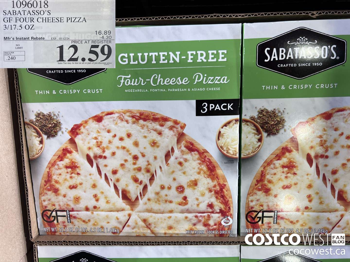 1096018 SABATASSO'S GF FOUR CHEESE PIZZA 3/17.5 OZ ($4.30 INSTANT SAVINGS EXPIRES ON 2024-05-12) $12.59
