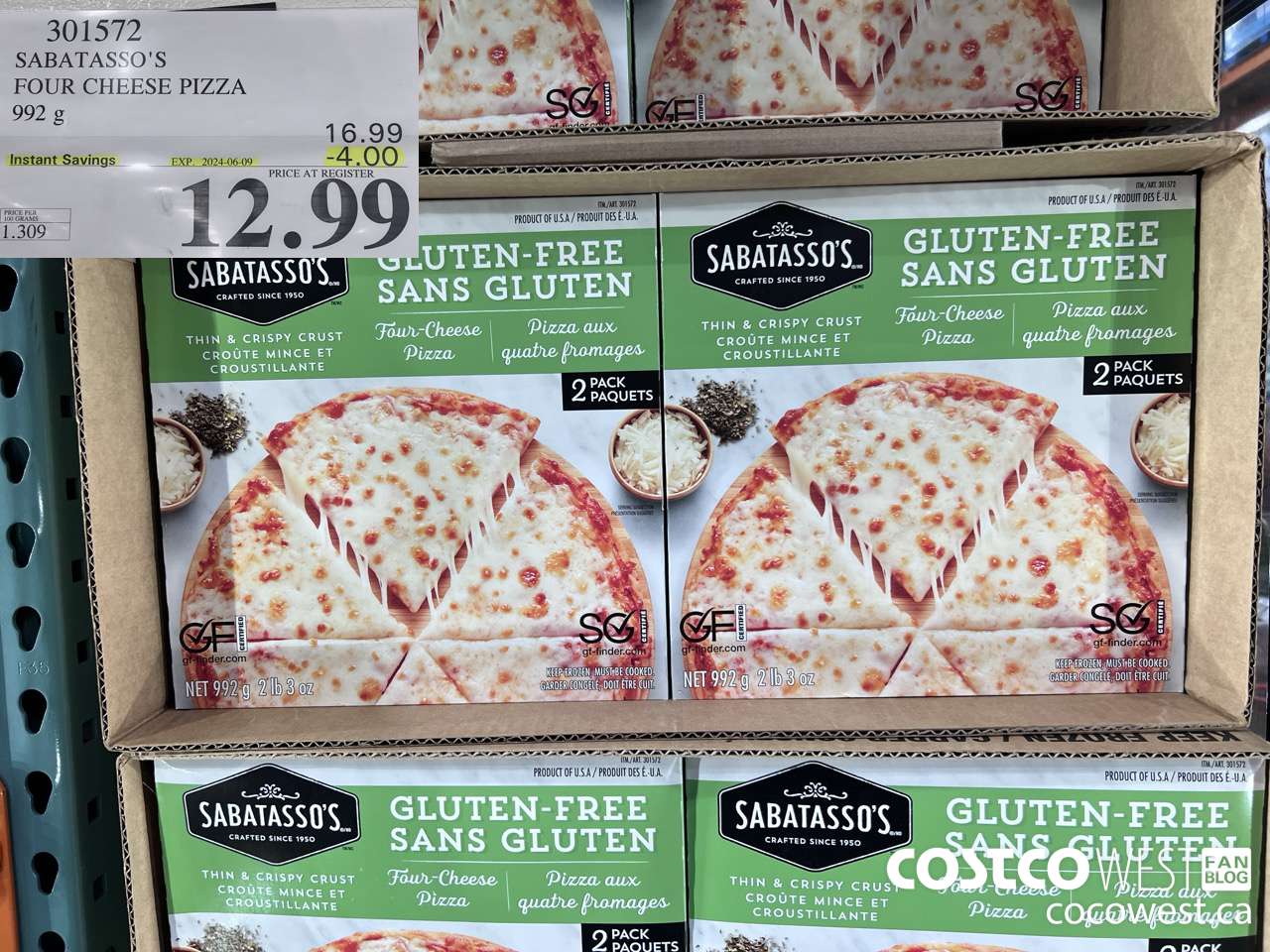 301572 SABATASSO'S GLUTEN-FREE CHEESE PIZZA 2 X 496 G ($4.00 INSTANT SAVINGS EXPIRES ON 2024-06-09) $12.99