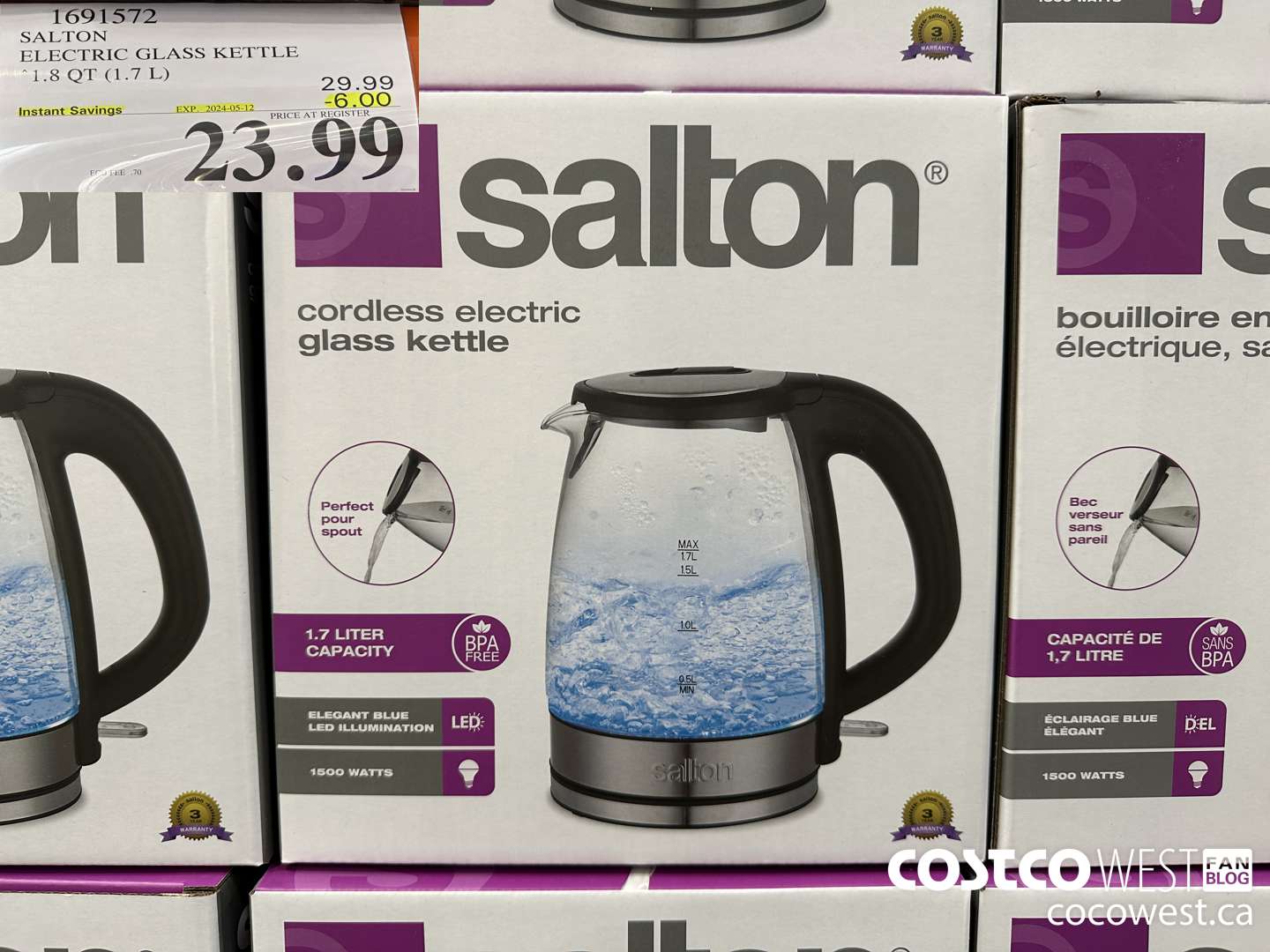 1691572 SALTON CORDLESS ELECTRIC GLASS KETTLE 1.7L (1.8 QT) ($6.00 INSTANT SAVINGS EXPIRES ON 2024-05-12) $23.99