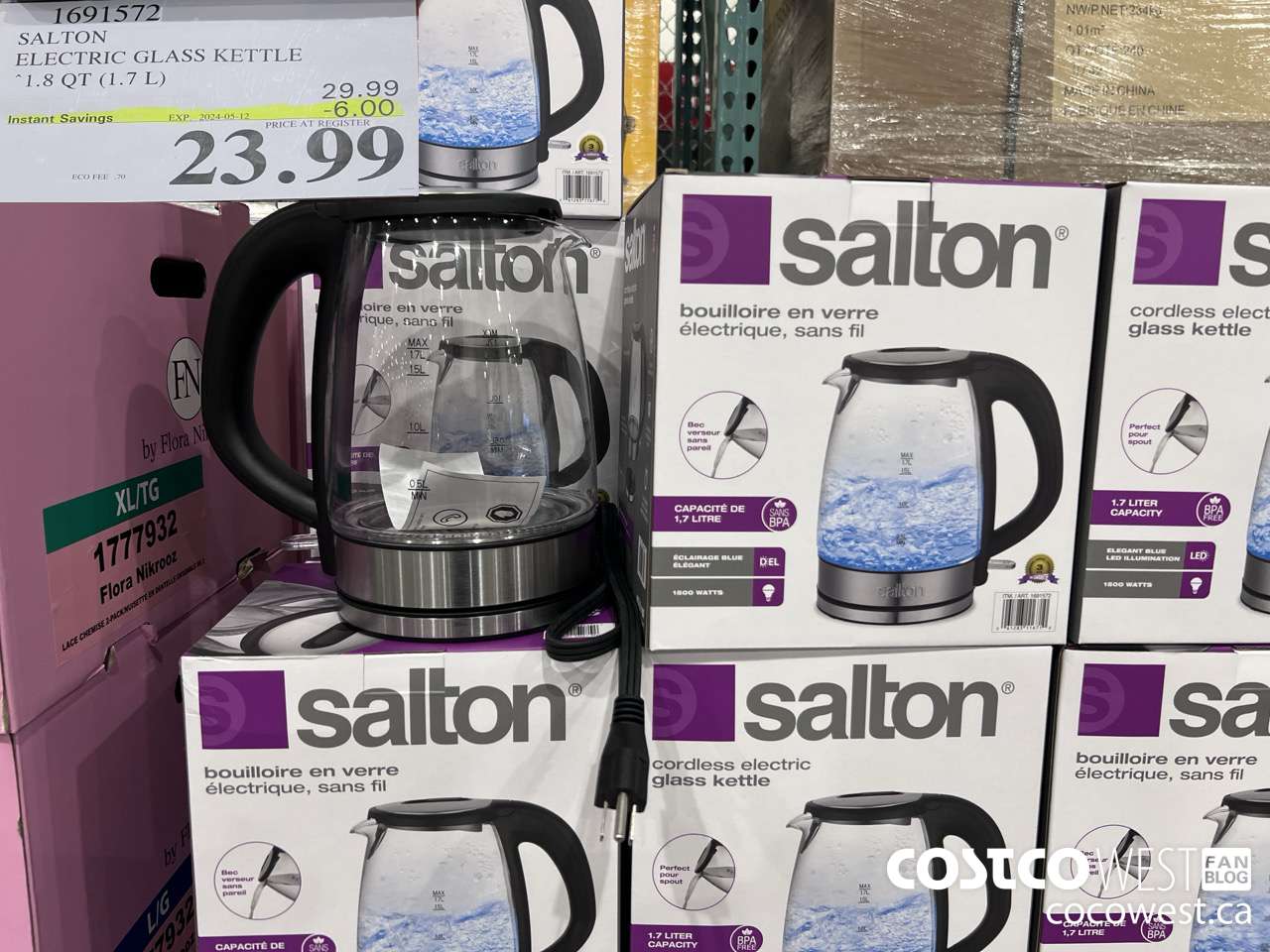 1691572 SALTON CORDLESS ELECTRIC GLASS KETTLE 1.7L (1.8 QT) ($6.00 INSTANT SAVINGS EXPIRES ON 2024-05-12) $23.99