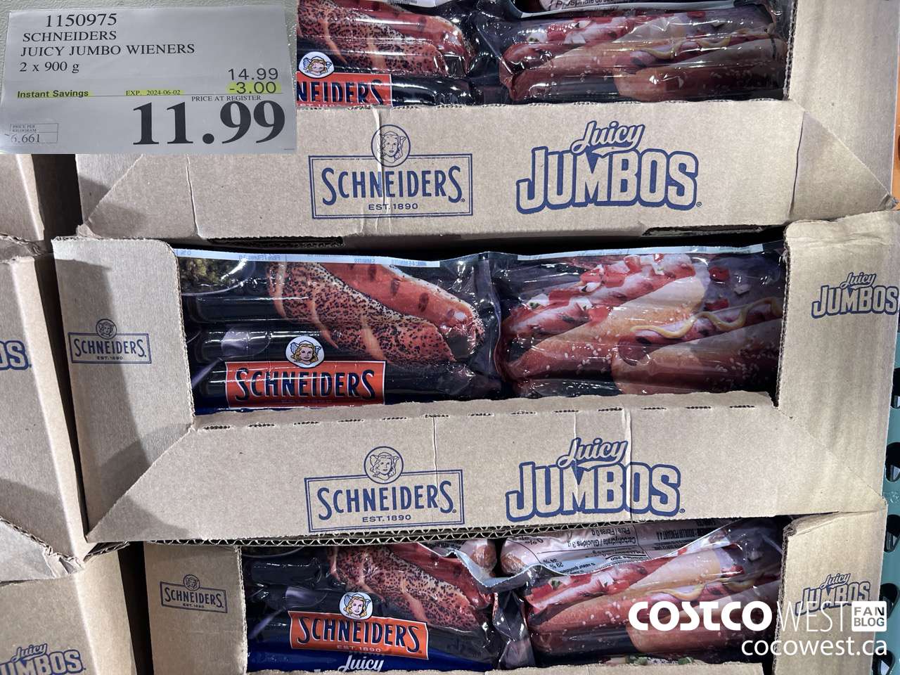 1150975 SCHNEIDERS JUICY JUMBO WIENERS 2 x 900 g ($3.00 INSTANT SAVINGS EXPIRES ON 2024-06-02) $11.99