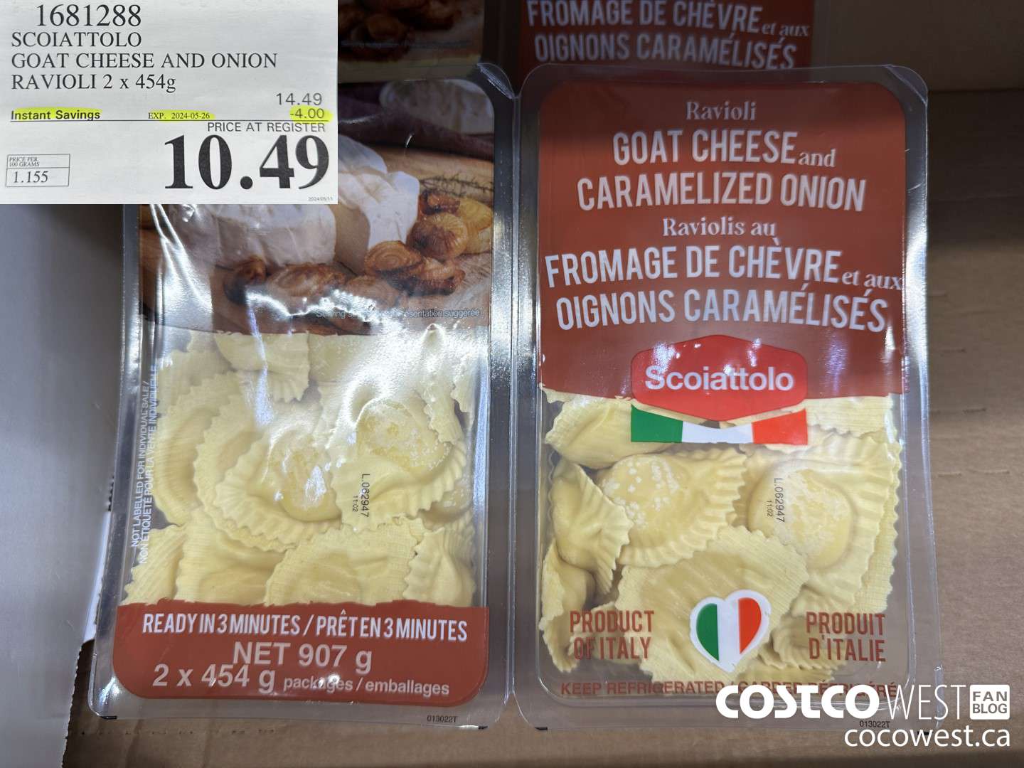 1681288 SCOIATTOLO GOAT CHEESE AND ONION RAVIOLI 2 X 454g ($4.00 INSTANT SAVINGS EXPIRES ON 2024-05-26) $10.49