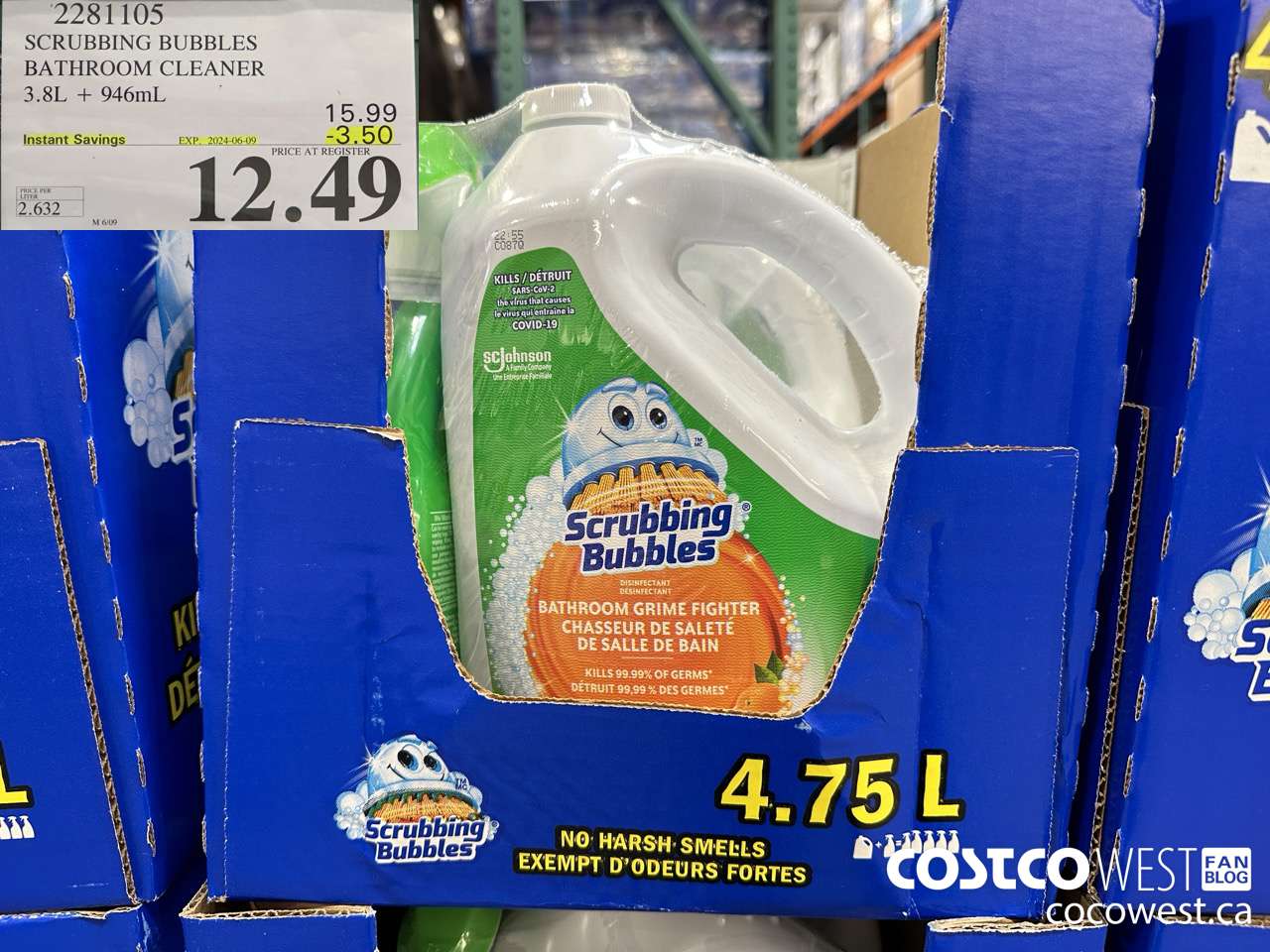 2281105 SCRUBBING BUBBLES BATHROOM CLEANER 3.8L + 946ML ($3.50 INSTANT SAVINGS EXPIRES ON 2024-06-09) $12.49