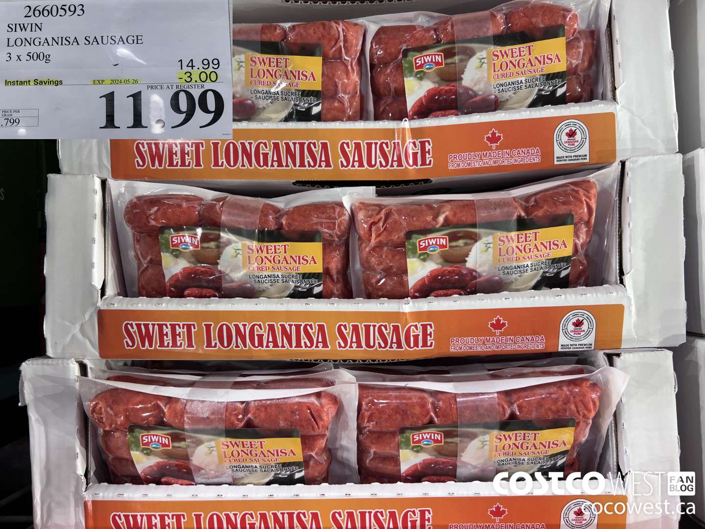 2660593 SIWIN LONGANISA SAUSAGE 3 x 500g ($3.00 INSTANT SAVINGS EXPIRES ON 2024-05-26) $11.99