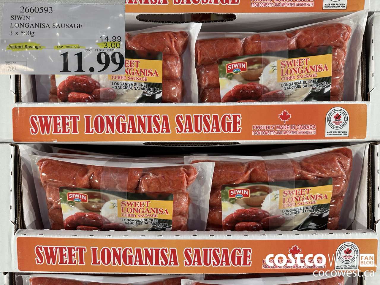 2660593 SIWIN LONGANISA SAUSAGE 3 x 500g ($3.00 INSTANT SAVINGS EXPIRES ON 2024-05-26) $11.99