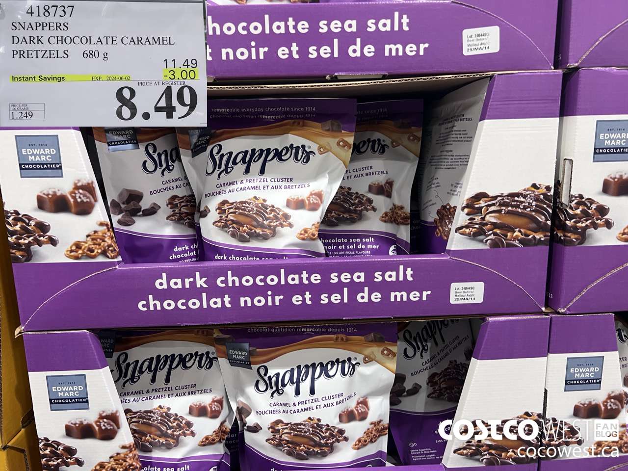 418737 SNAPPERS DARK CHOCOLATE CARAMEL PRETZELS 680 g ($3.00 INSTANT SAVINGS EXPIRES ON 2024-06-02) $8.49