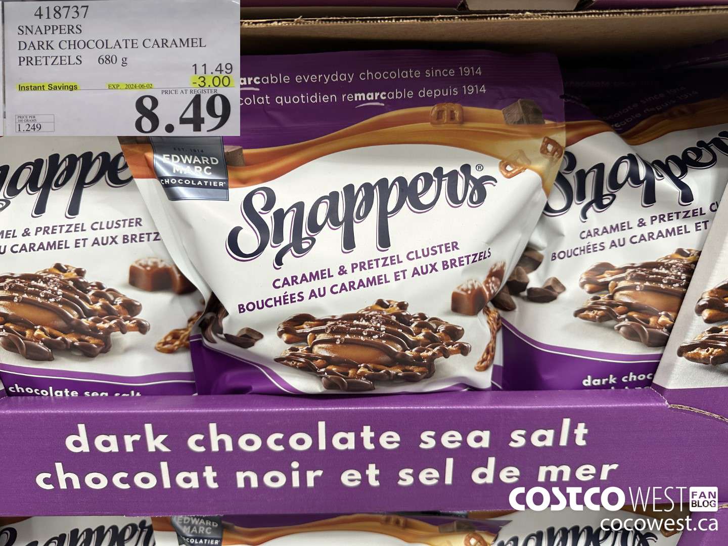 418737 SNAPPERS DARK CHOCOLATE CARAMEL PRETZELS 680 g ($3.00 INSTANT SAVINGS EXPIRES ON 2024-06-02) $8.49