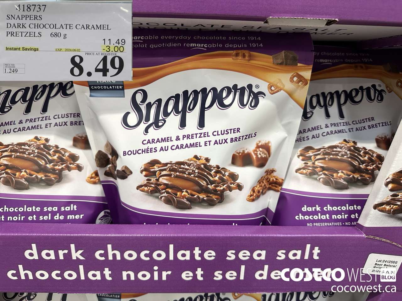 418737 SNAPPERS DARK CHOCOLATE CARAMEL PRETZELS 680 g ($3.00 INSTANT SAVINGS EXPIRES ON 2024-06-02) $8.49
