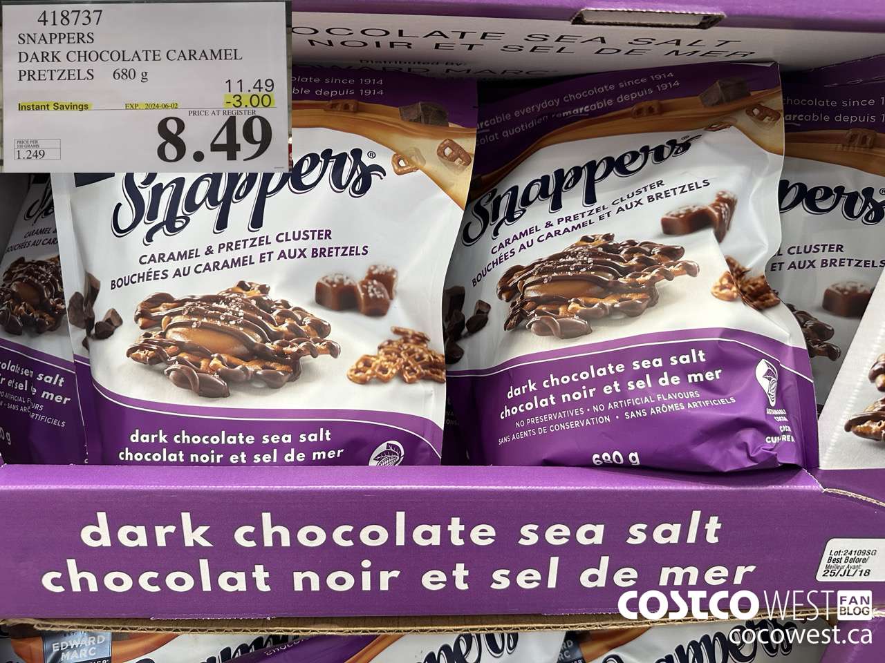 418737 SNAPPERS DARK CHOCOLATE CARAMEL PRETZELS 680 g ($3.00 INSTANT SAVINGS EXPIRES ON 2024-06-02) $8.49