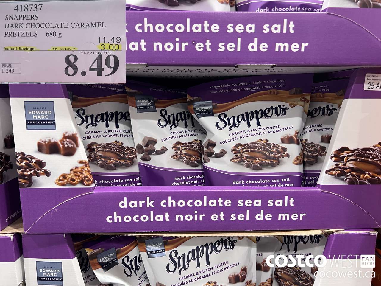 418737 SNAPPERS DARK CHOCOLATE CARAMEL PRETZELS 680 g ($3.00 INSTANT SAVINGS EXPIRES ON 2024-06-02) $8.49