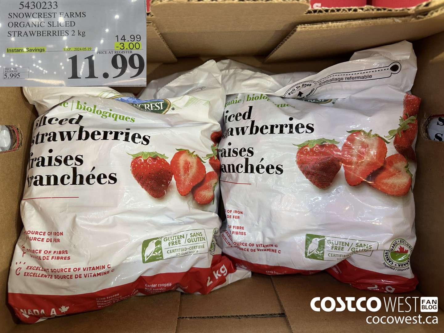 5430233 SNOWCREST ORGANIC SLICED STRAWBERRIES 2 kg ($3.00 INSTANT SAVINGS EXPIRES ON 2024-05-19) $11.99