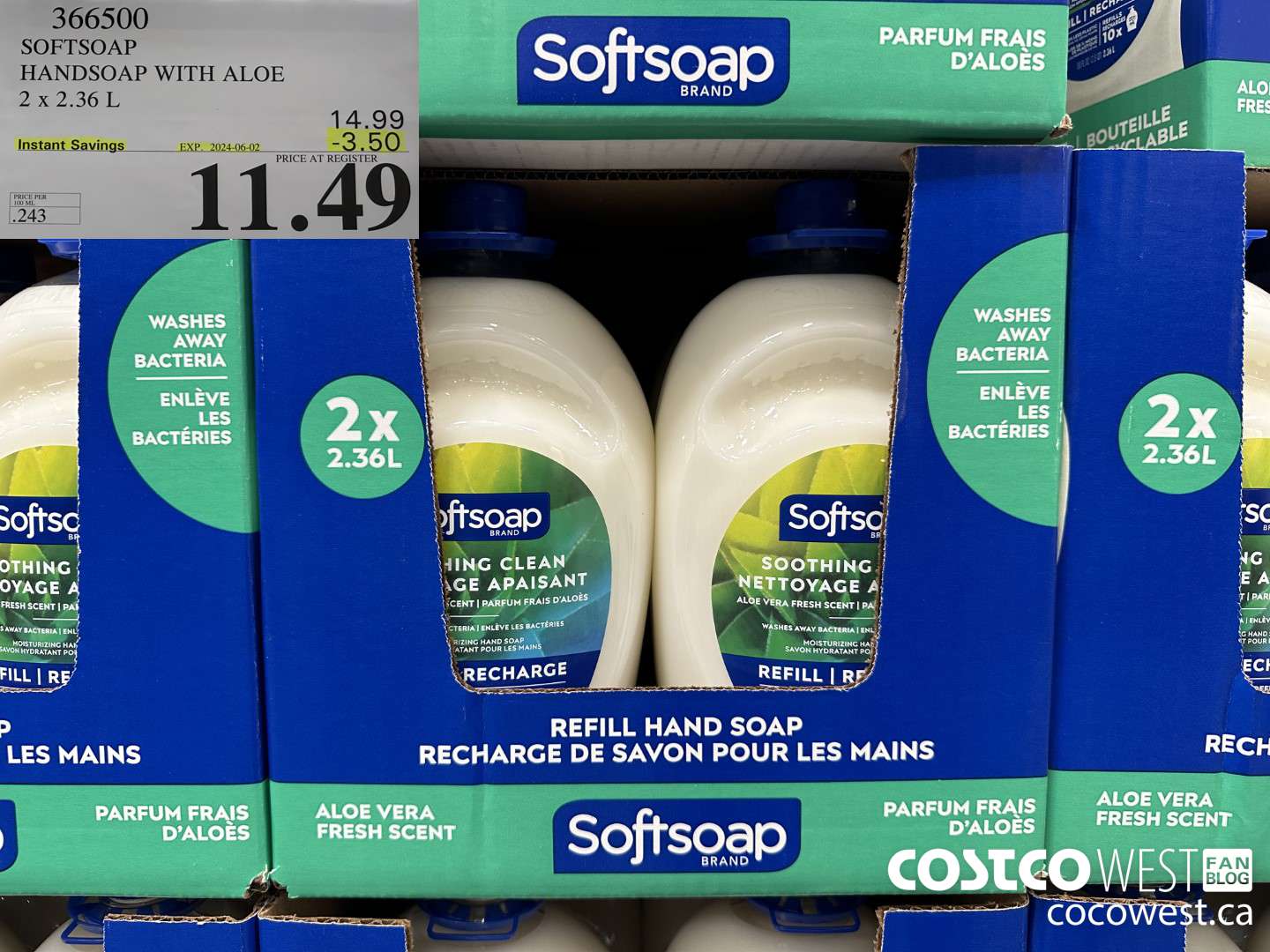 366500 SOFTSOAP HANDSOAP WITH ALOE 2 X 2.36L ($3.50 INSTANT SAVINGS EXPIRES ON 2024-06-02) $11.49