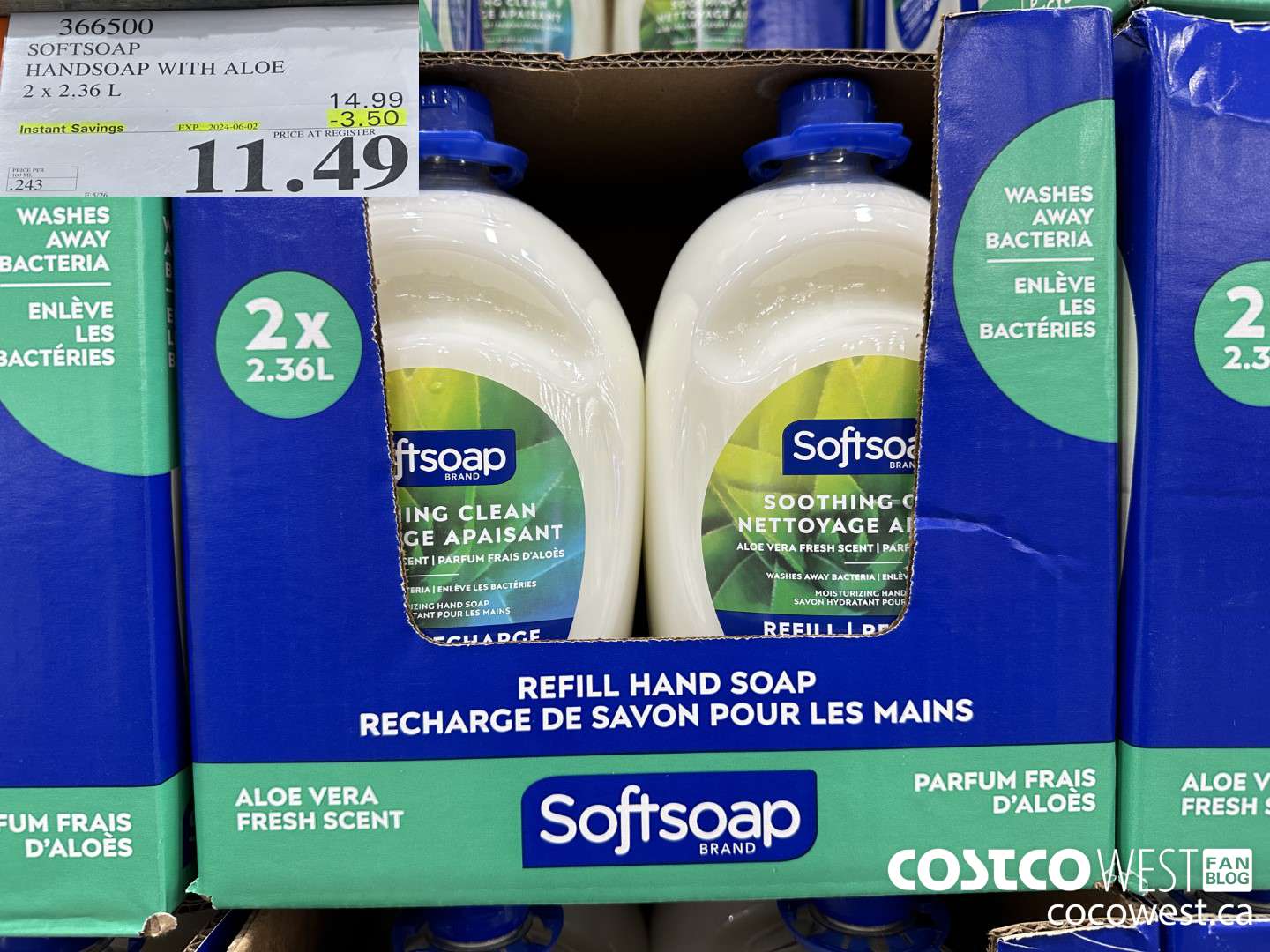 366500 SOFTSOAP HANDSOAP WITH ALOE 2 X 2.36L ($3.50 INSTANT SAVINGS EXPIRES ON 2024-06-02) $11.49