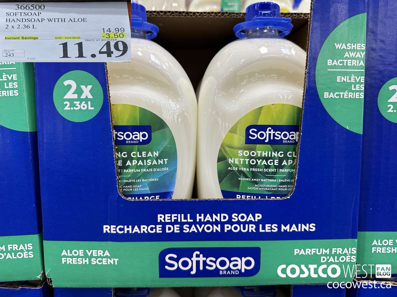 366500 SOFTSOAP HANDSOAP WITH ALOE 2 X 2.36L ($3.50 INSTANT SAVINGS EXPIRES ON 2024-06-02) $11.49