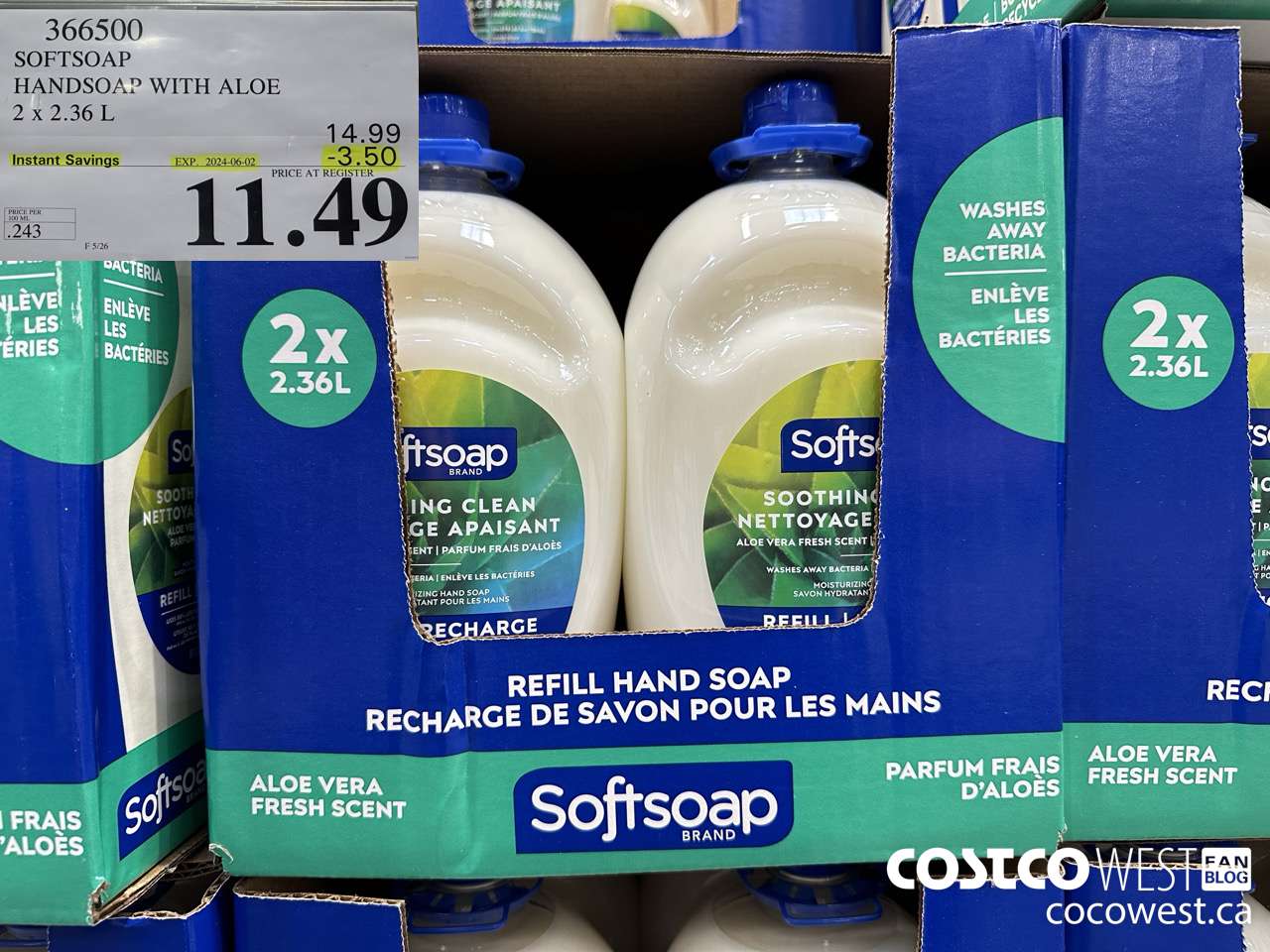 366500 SOFTSOAP HANDSOAP WITH ALOE 2 X 2.36L ($3.50 INSTANT SAVINGS EXPIRES ON 2024-06-02) $11.49